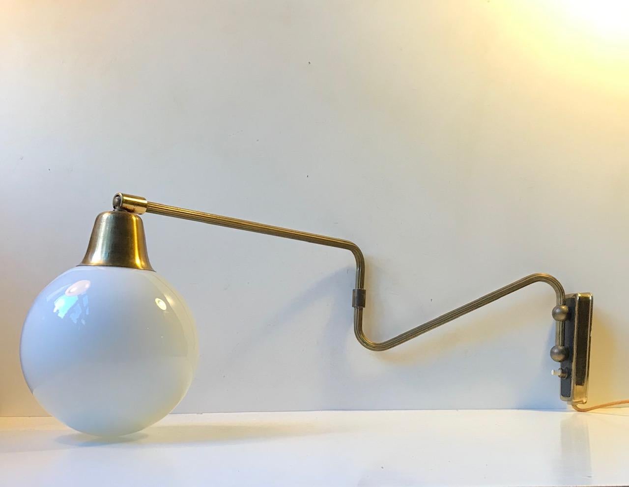 Danish Modern Brass Swing Arm Wall Light with Opaline Sphere, 1960s In Good Condition In Esbjerg, DK