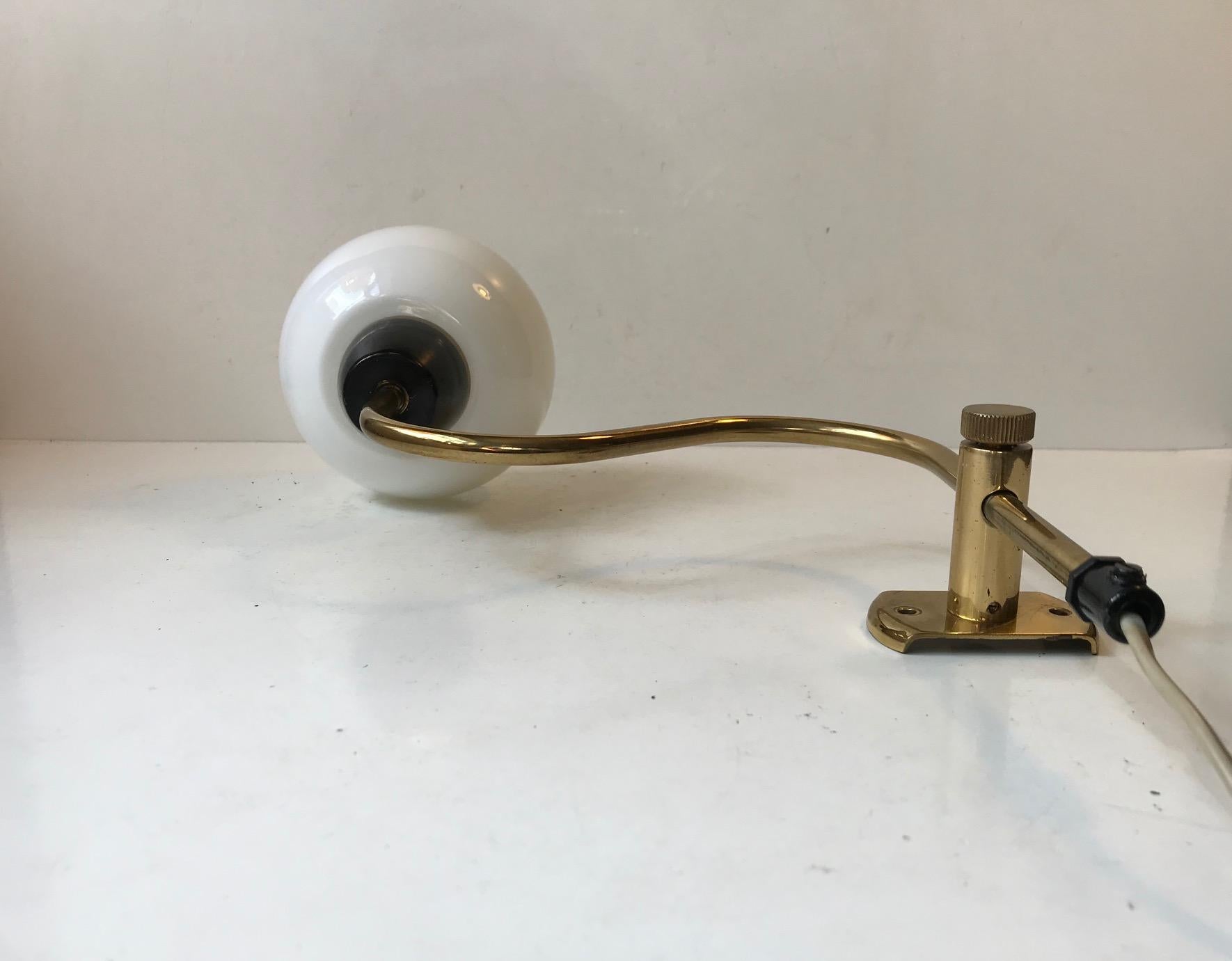 Danish Modern Brass Swing Arm Wall Light with Opaline Sphere, 1960s In Good Condition In Esbjerg, DK