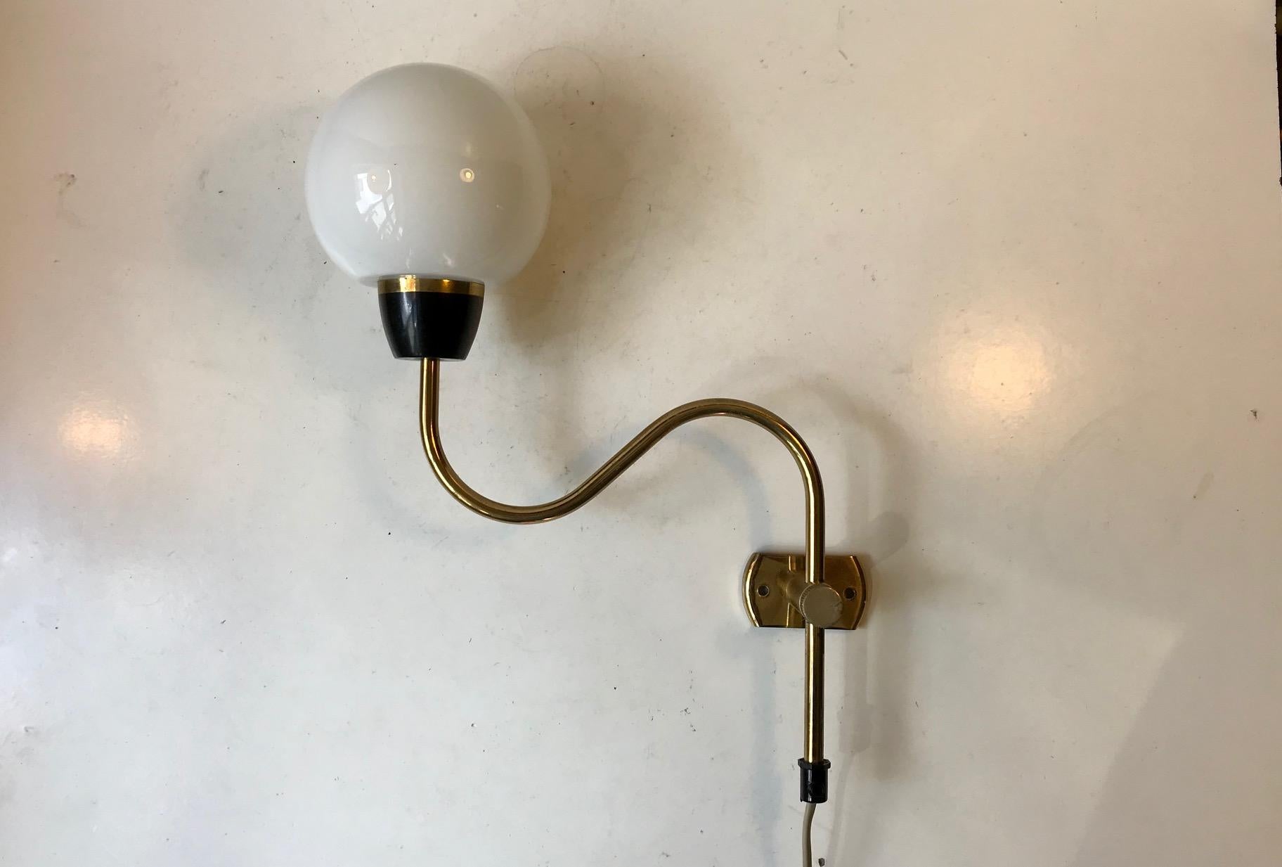 Mid-20th Century Danish Modern Brass Swing Arm Wall Light with Opaline Sphere, 1960s