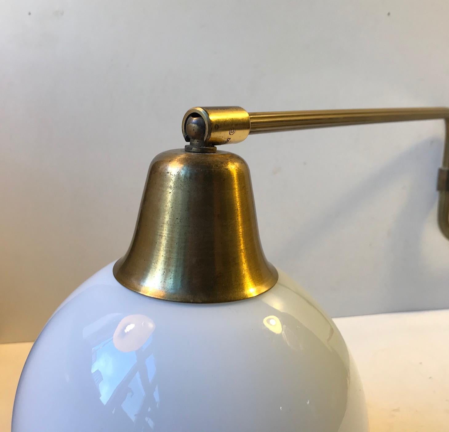 Danish Modern Brass Swing Arm Wall Light with Opaline Sphere, 1960s 2