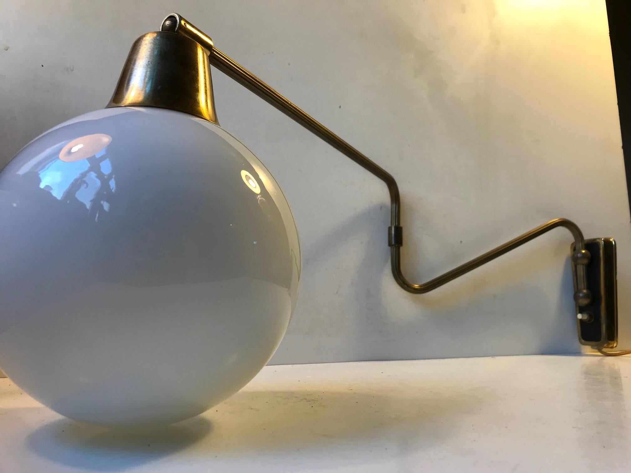 Danish Modern Brass Swing Arm Wall Light with Opaline Sphere, 1960s 4