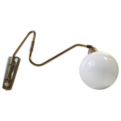 Danish Modern Brass Swing Arm Wall Light with Opaline Sphere, 1960s