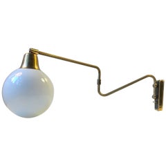 Danish Modern Brass Swing Arm Wall Light with Opaline Sphere, 1960s