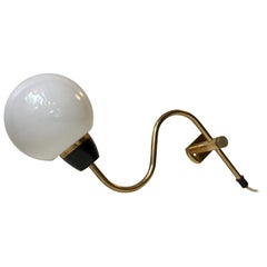 Danish Modern Brass Swing Arm Wall Light with Opaline Sphere, 1960s