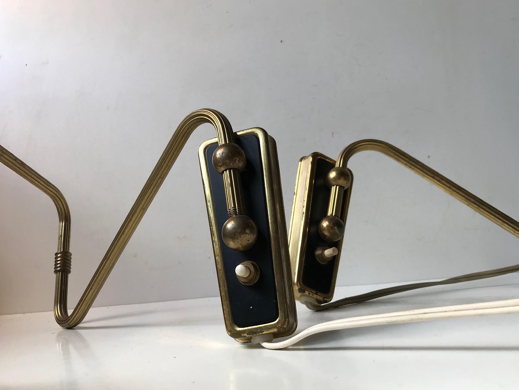 Mid-Century Modern Danish Modern Brass Swing Arm Wall Lights with Opaline Sphere, 1960s, Set of 2