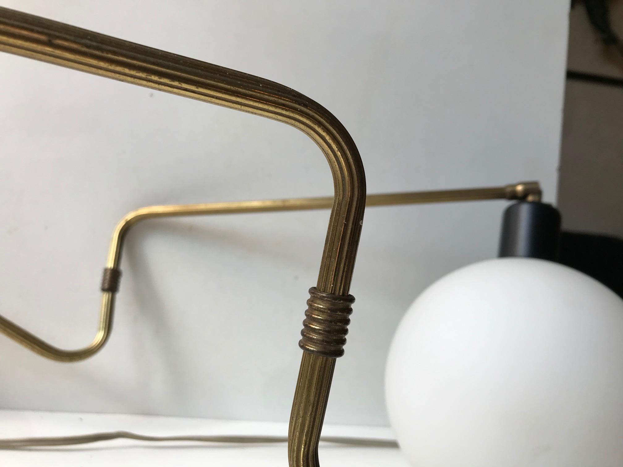 Danish Modern Brass Swing Arm Wall Lights with Opaline Sphere, 1960s, Set of 2 In Good Condition In Esbjerg, DK