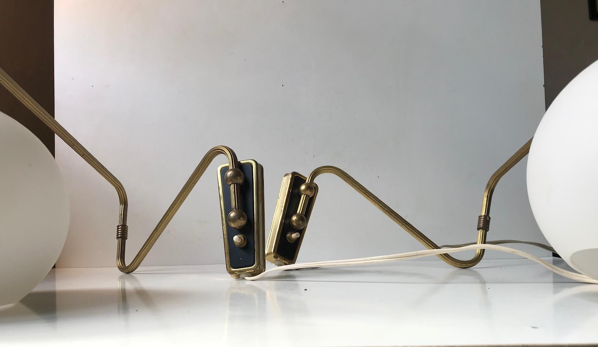 Danish Modern Brass Swing Arm Wall Lights with Opaline Sphere, 1960s, Set of 2 1