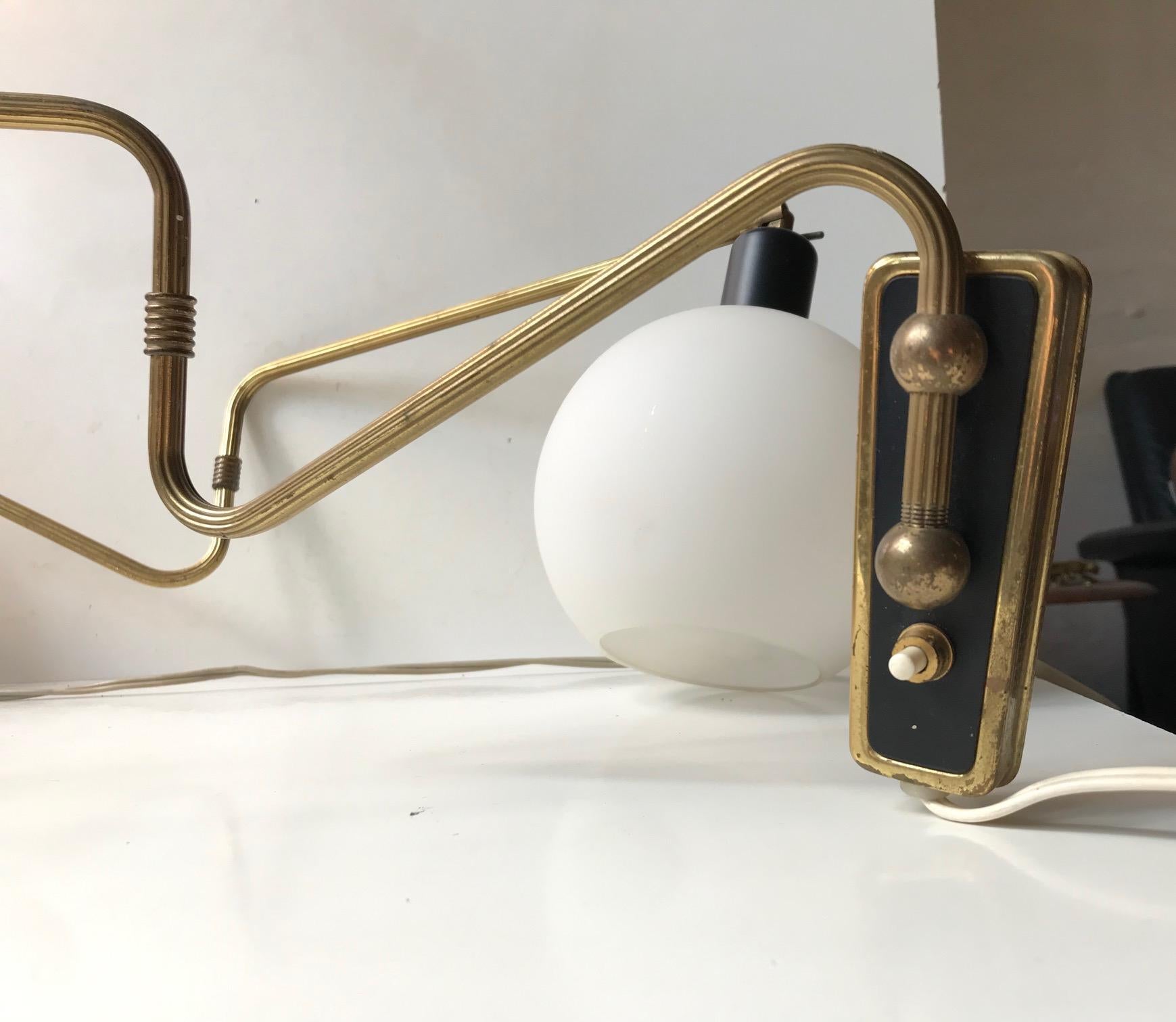 Danish Modern Brass Swing Arm Wall Lights with Opaline Sphere, 1960s, Set of 2 3