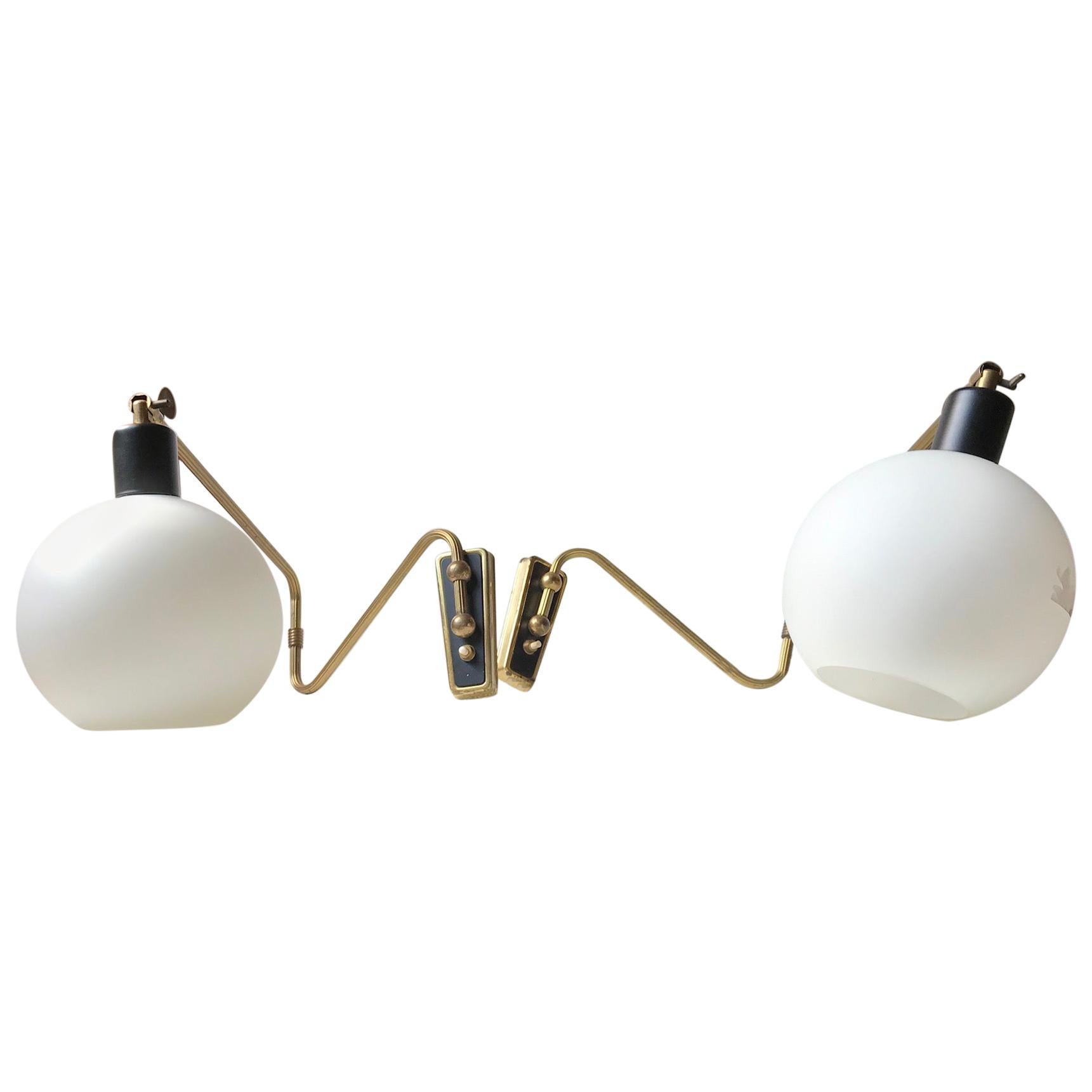 Danish Modern Brass Swing Arm Wall Lights with Opaline Sphere, 1960s, Set of 2