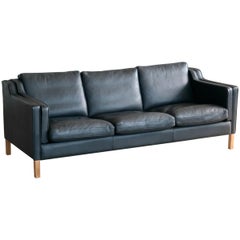 Danish Modern Børge Mogensen Model 2213 Style Sofa in Black Leather by Stouby