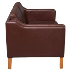 Danish modern brown leather 2 seat sofa with birch legs style of Børge Mogensen