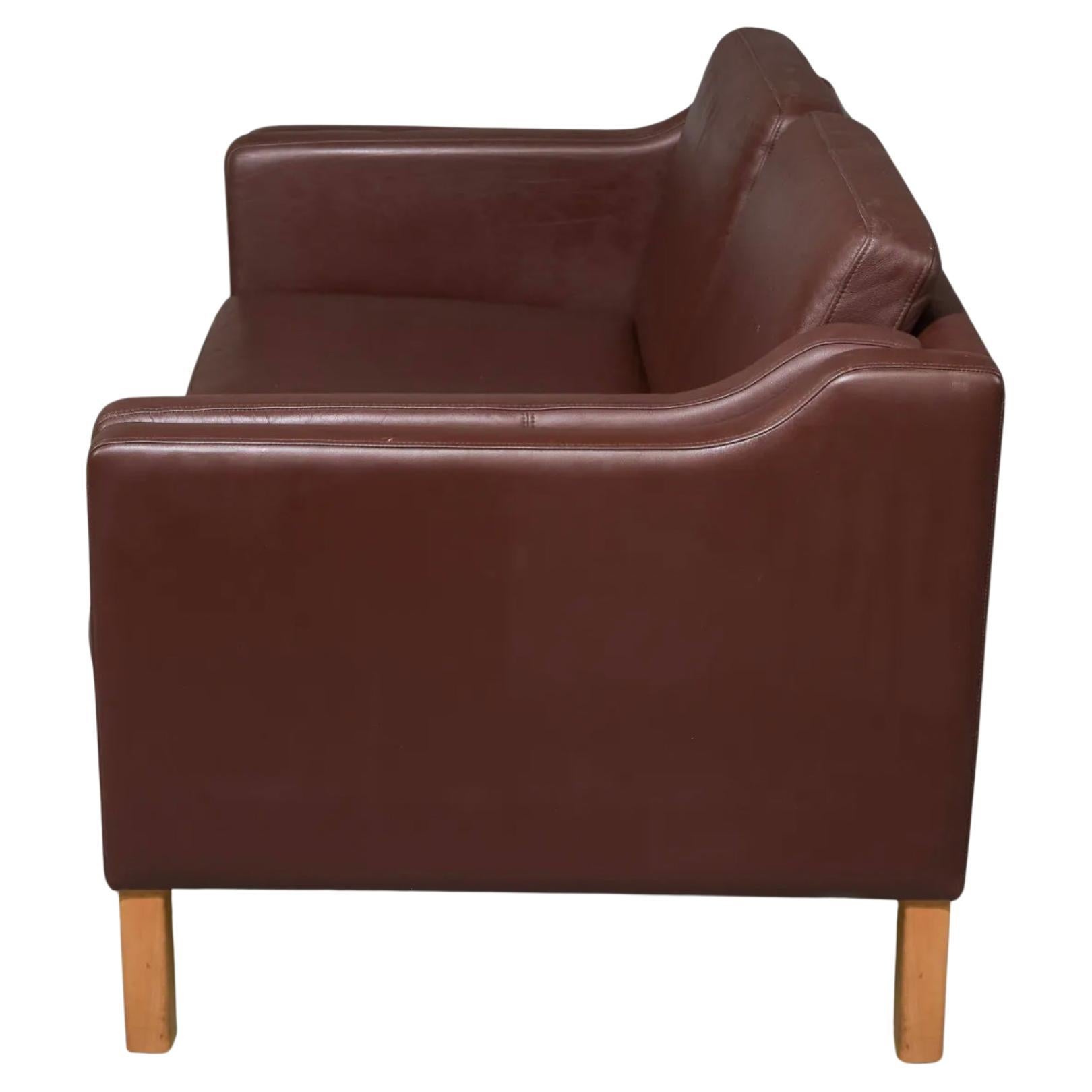 Scandinavian Modern Danish modern brown leather 2 seat sofa with birch legs style of Børge Mogensen For Sale