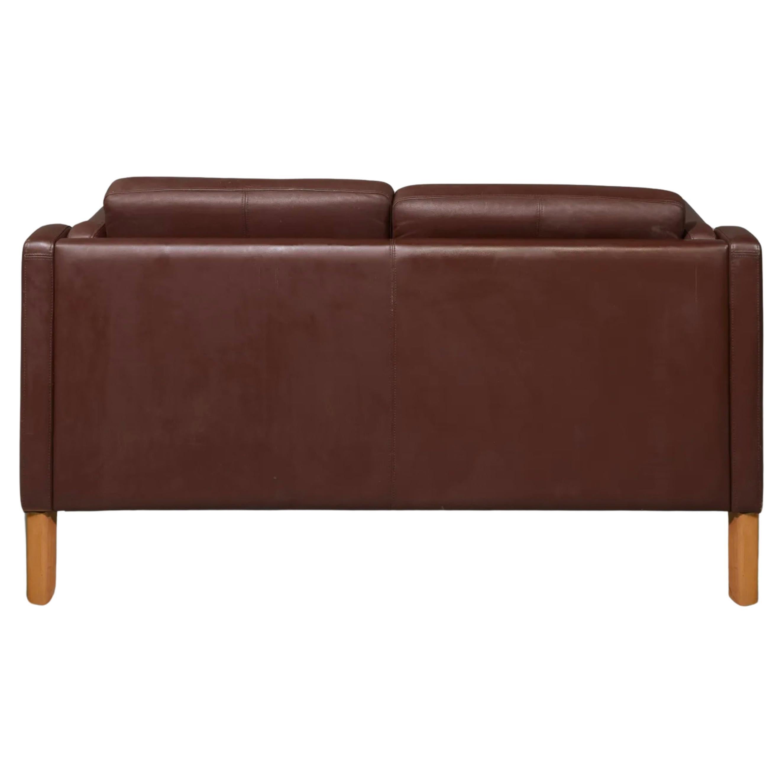 Woodwork Danish modern brown leather 2 seat sofa with birch legs style of Børge Mogensen For Sale