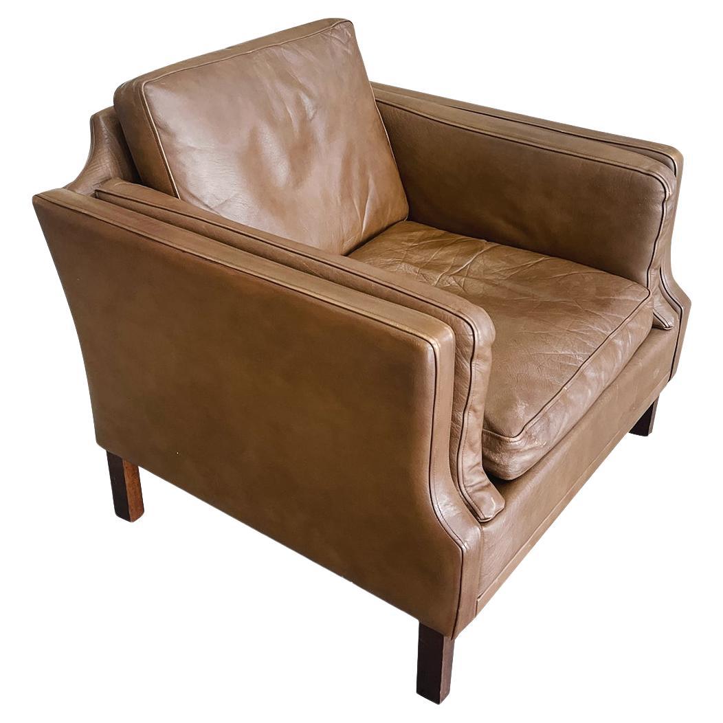 Danish Modern Brown Leather Arm Chair in the Style of Børge Mogensen