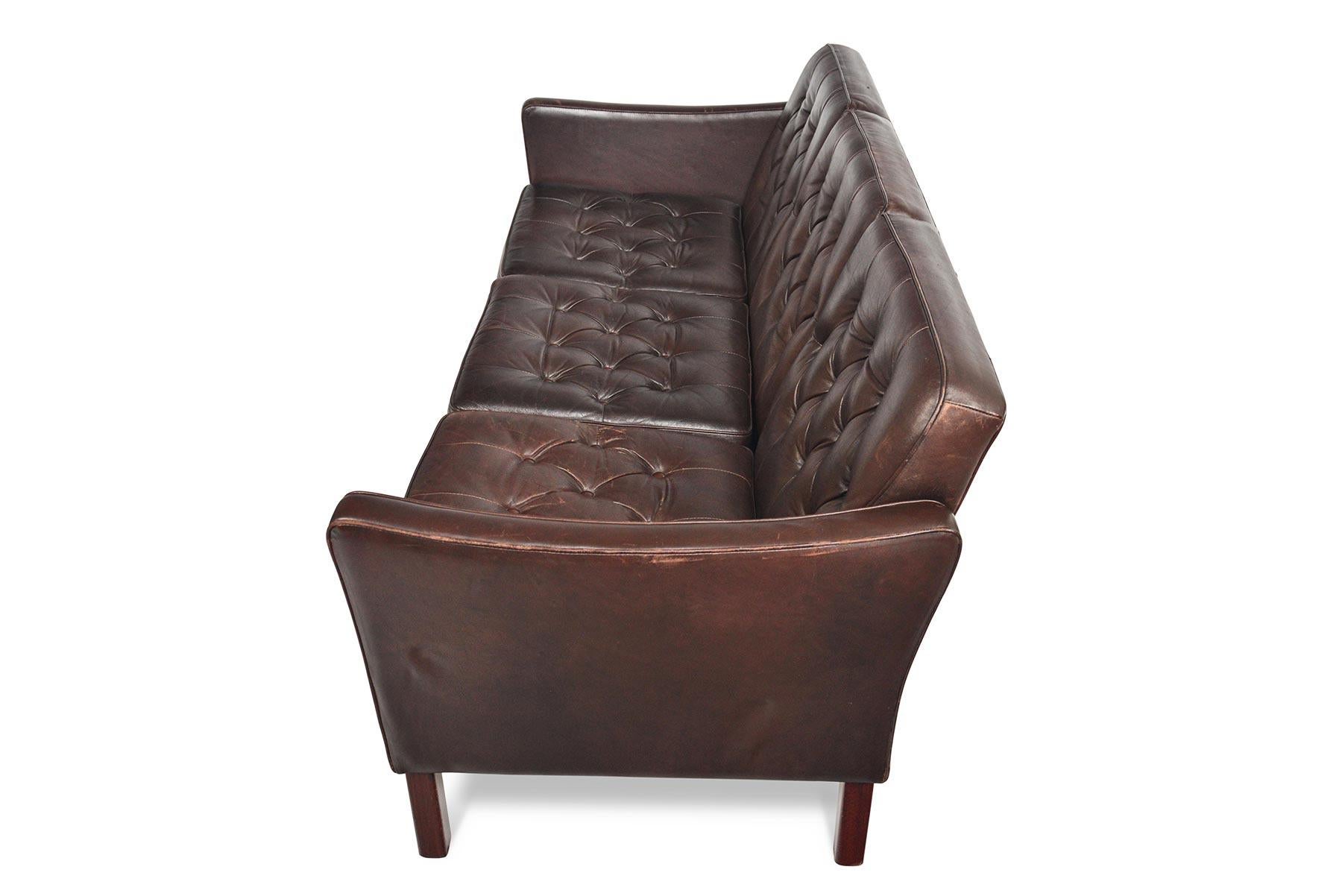Scandinavian Modern Danish Modern Brown Leather Button Tufted Sofa