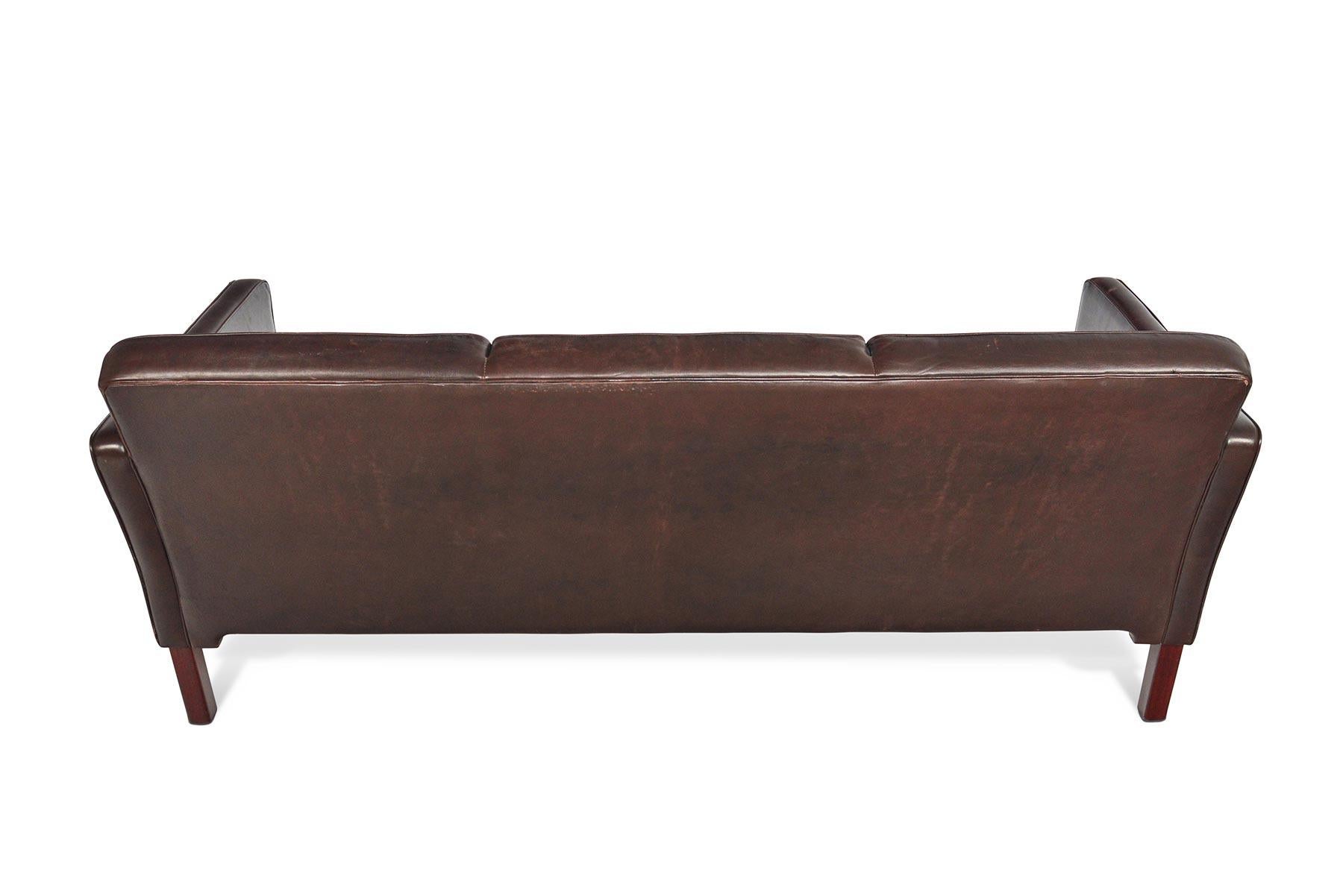 20th Century Danish Modern Brown Leather Button Tufted Sofa