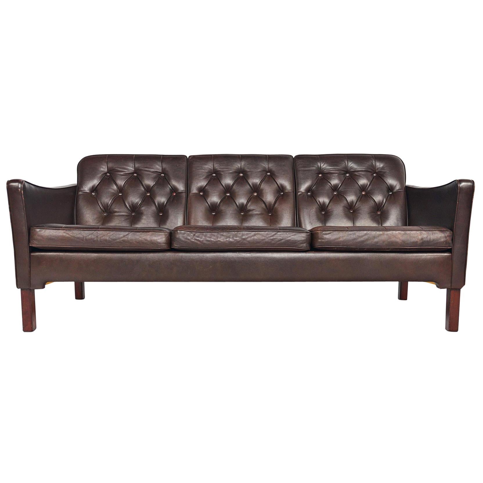 Danish Modern Brown Leather Button Tufted Sofa