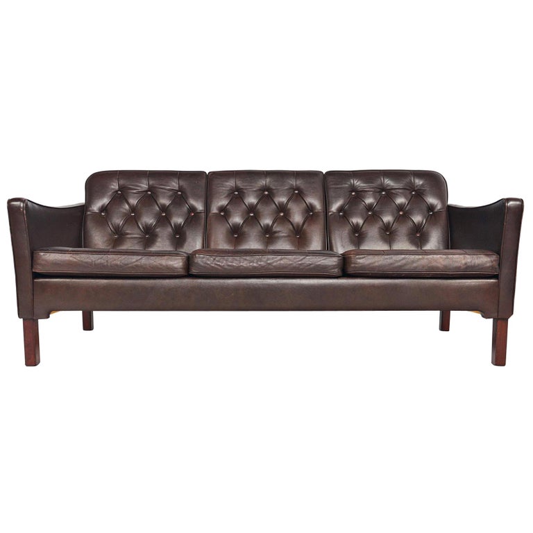 Danish Modern Brown Leather Button Tufted Sofa For Sale at 1stDibs tufted leather sofa modern