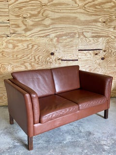 Danish Brown Leather Loveseat Sofa (After Børge Mogensen)