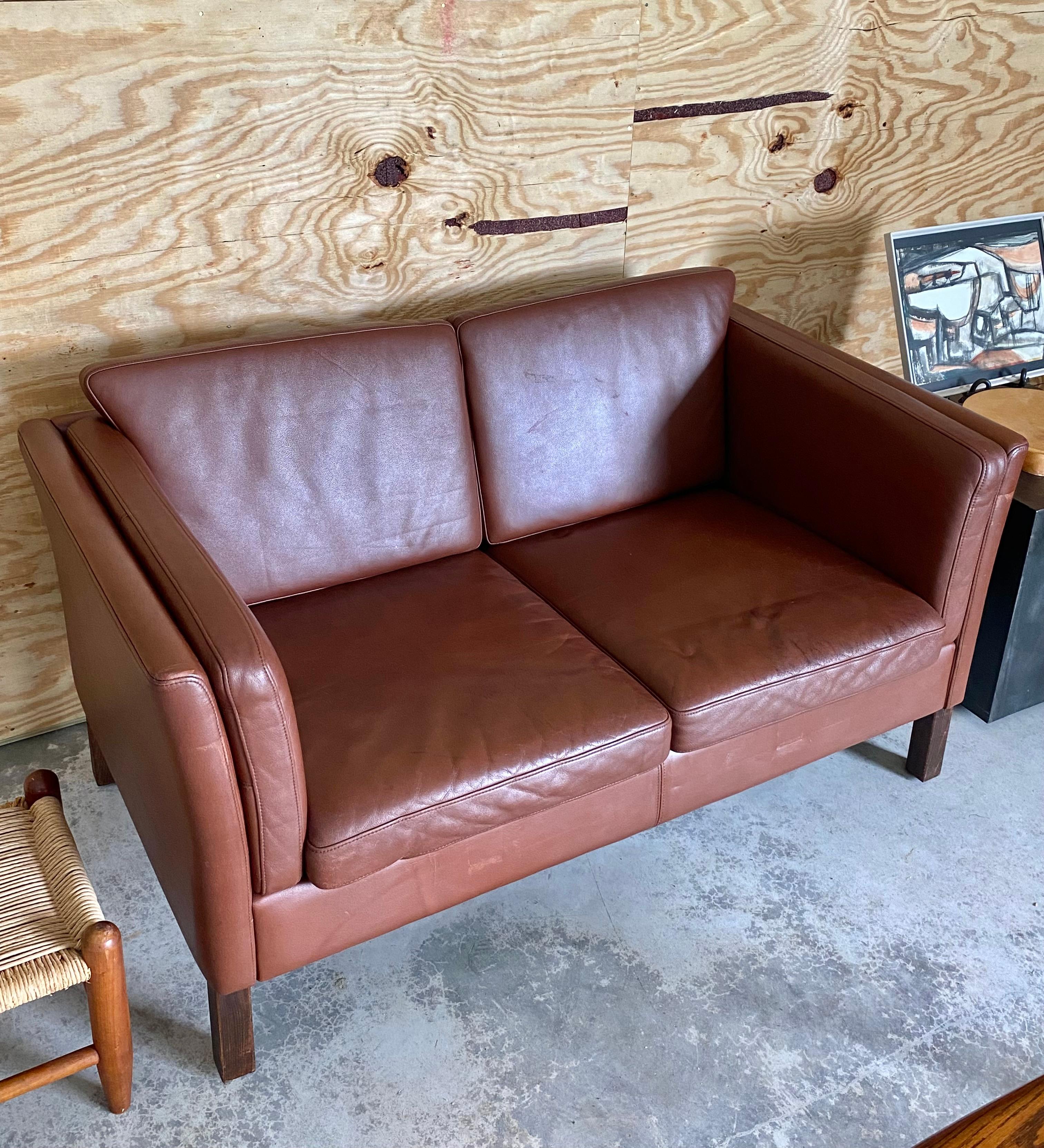 Scandinavian Modern Danish Modern Brown Leather Loveseat (After Børge Mogensen) For Sale