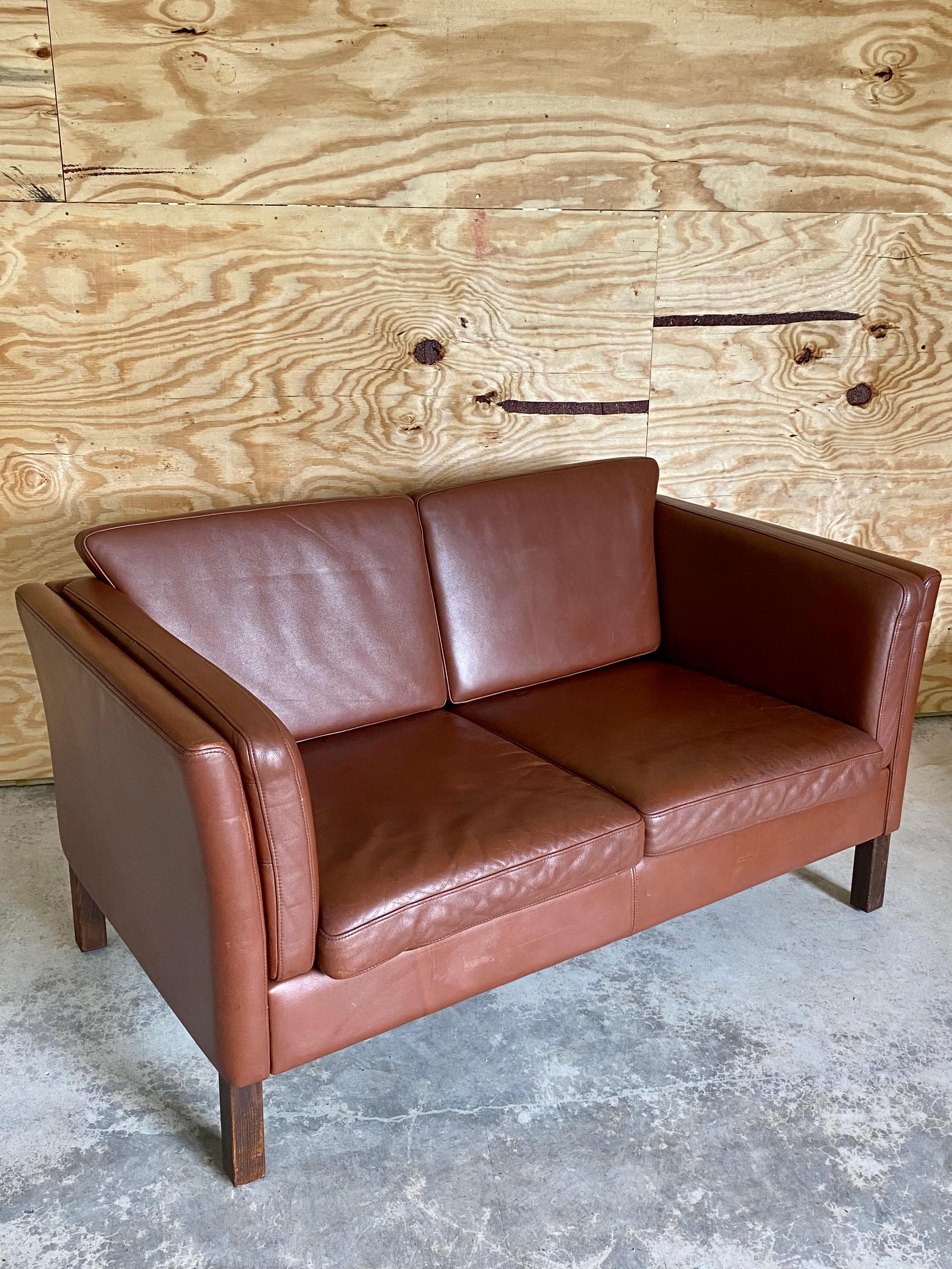 Hand-Crafted Danish Modern Brown Leather Loveseat (After Børge Mogensen) For Sale