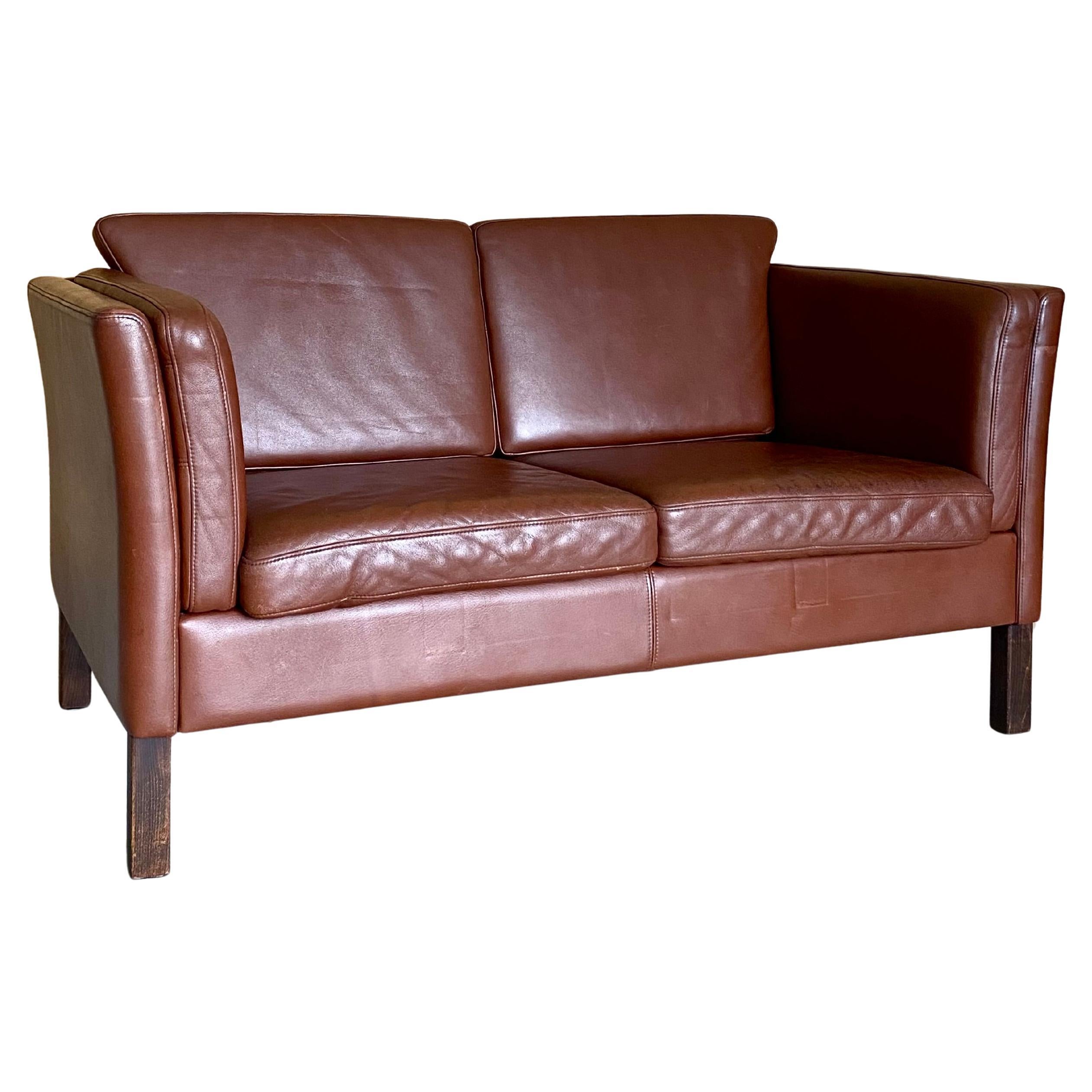 Danish Modern Brown Leather Loveseat (After Børge Mogensen) For Sale