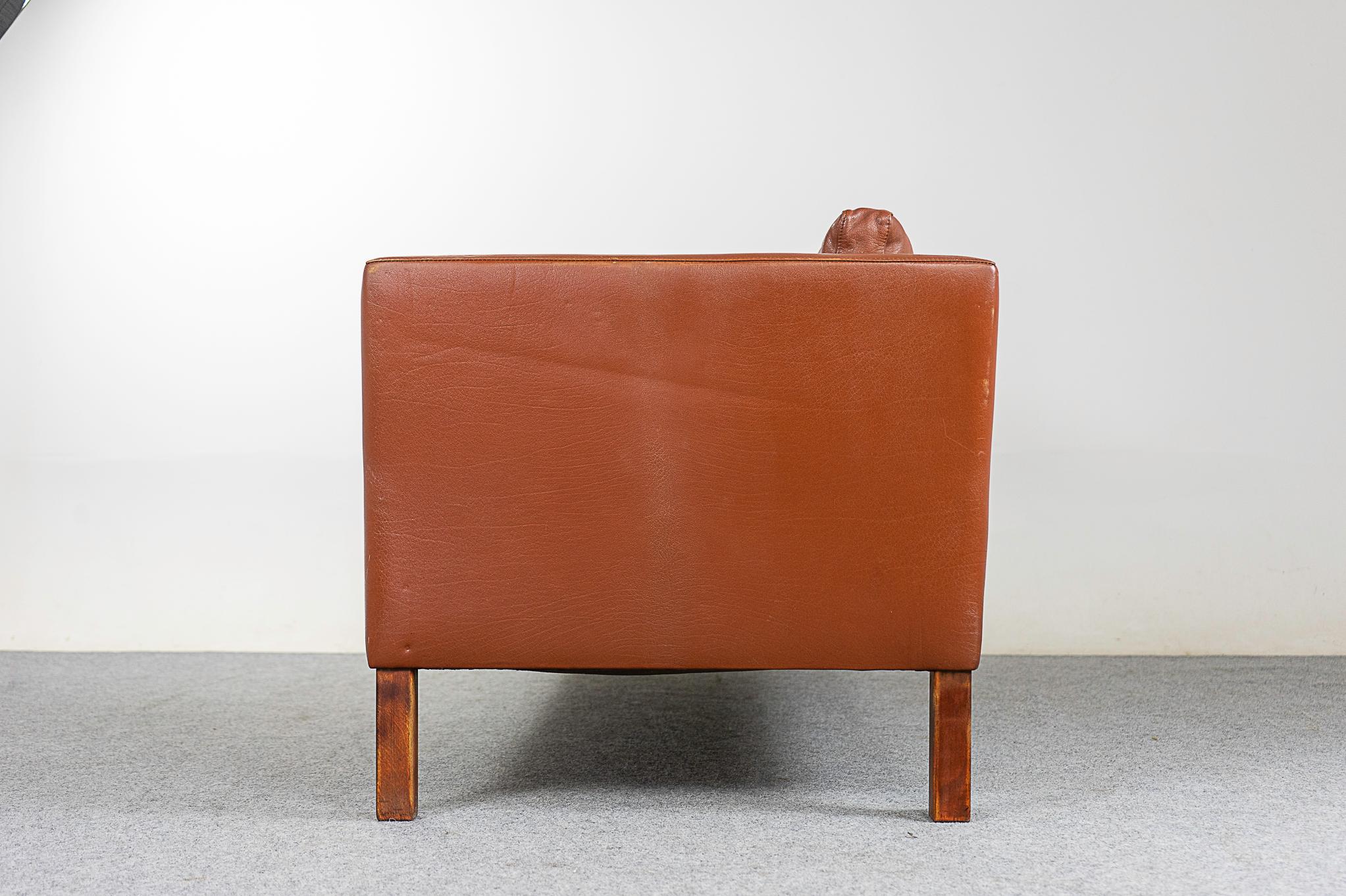 Danish Modern Brown Leather Three Seat Sofa For Sale 5