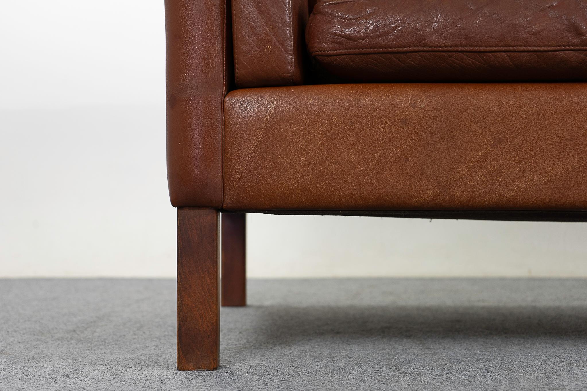 Scandinavian Modern Danish Modern Brown Leather Three Seat Sofa For Sale