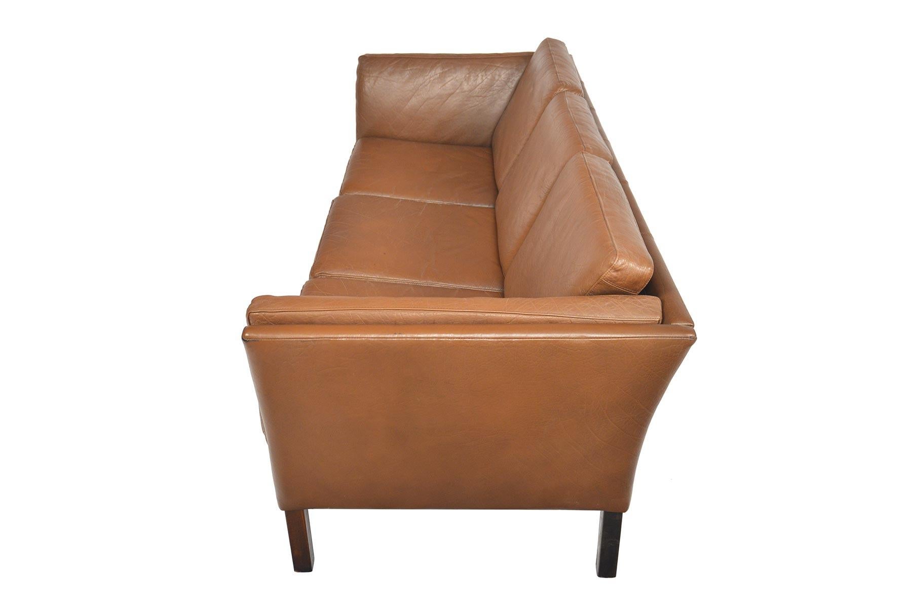 Danish Modern Brown Leather Three-Seat Sofa In Good Condition In Berkeley, CA
