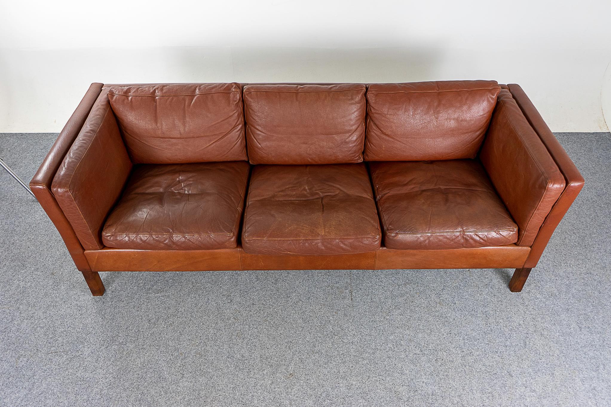 Mid-20th Century Danish Modern Brown Leather Three Seat Sofa For Sale