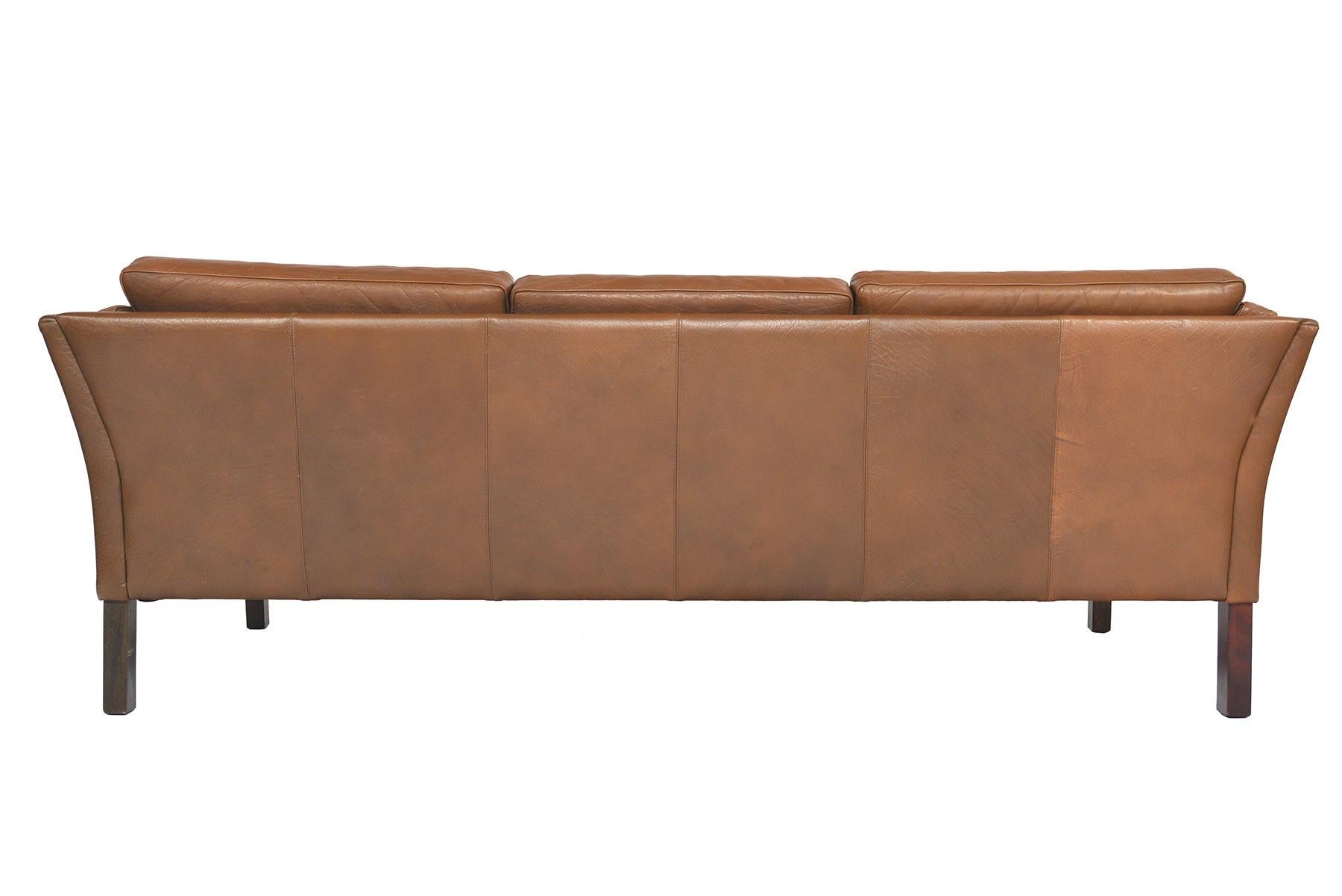 20th Century Danish Modern Brown Leather Three-Seat Sofa
