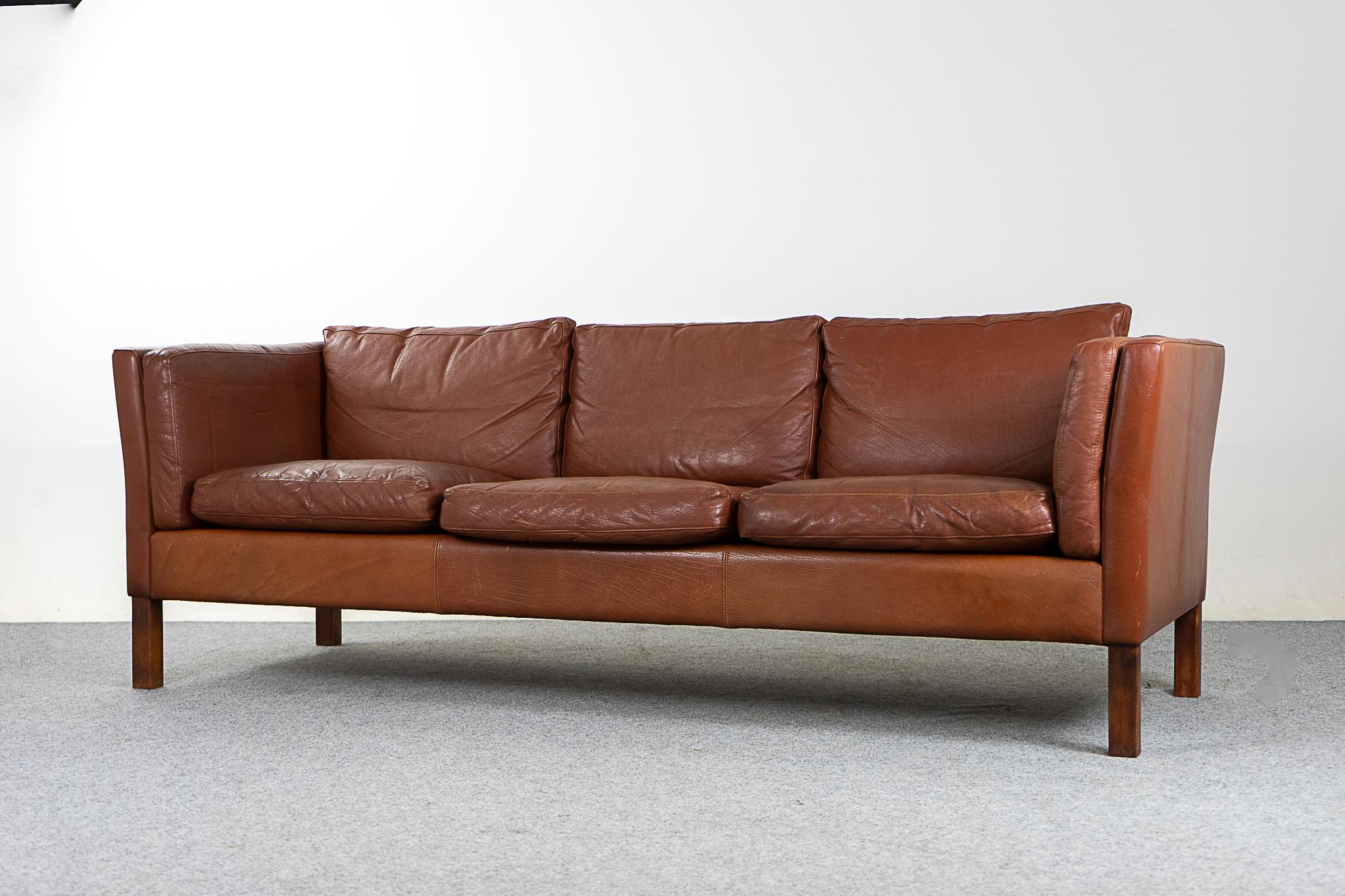 Danish Modern Brown Leather Three Seat Sofa For Sale 1