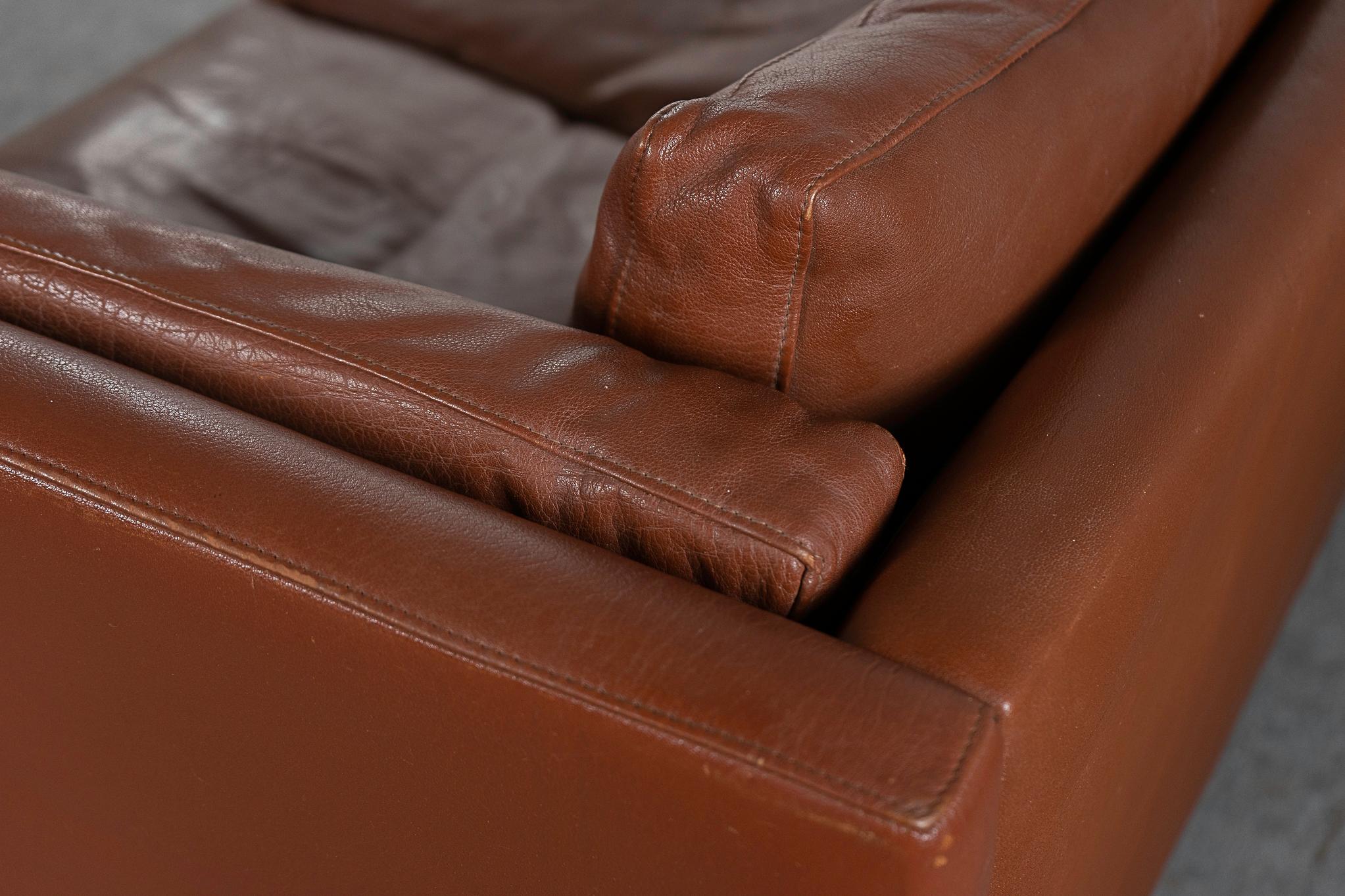 Danish Modern Brown Leather Three Seat Sofa For Sale 2