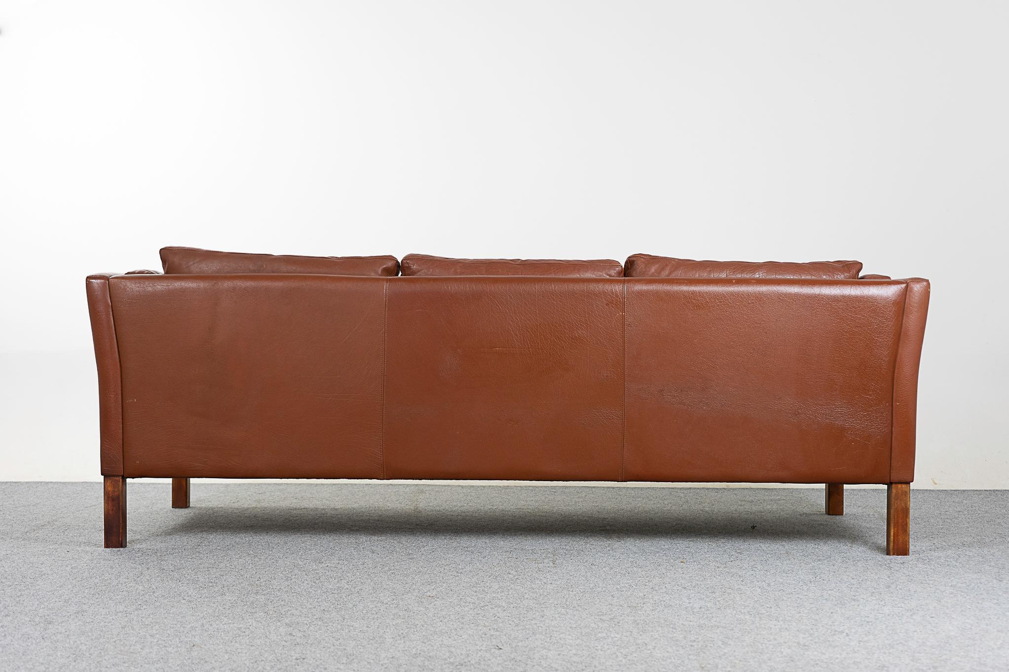 Danish Modern Brown Leather Three Seat Sofa For Sale 3
