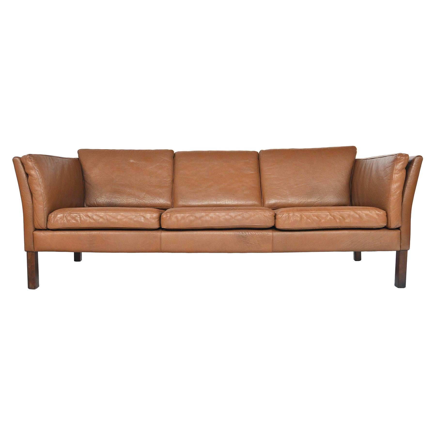 Danish Modern Brown Leather Three-Seat Sofa