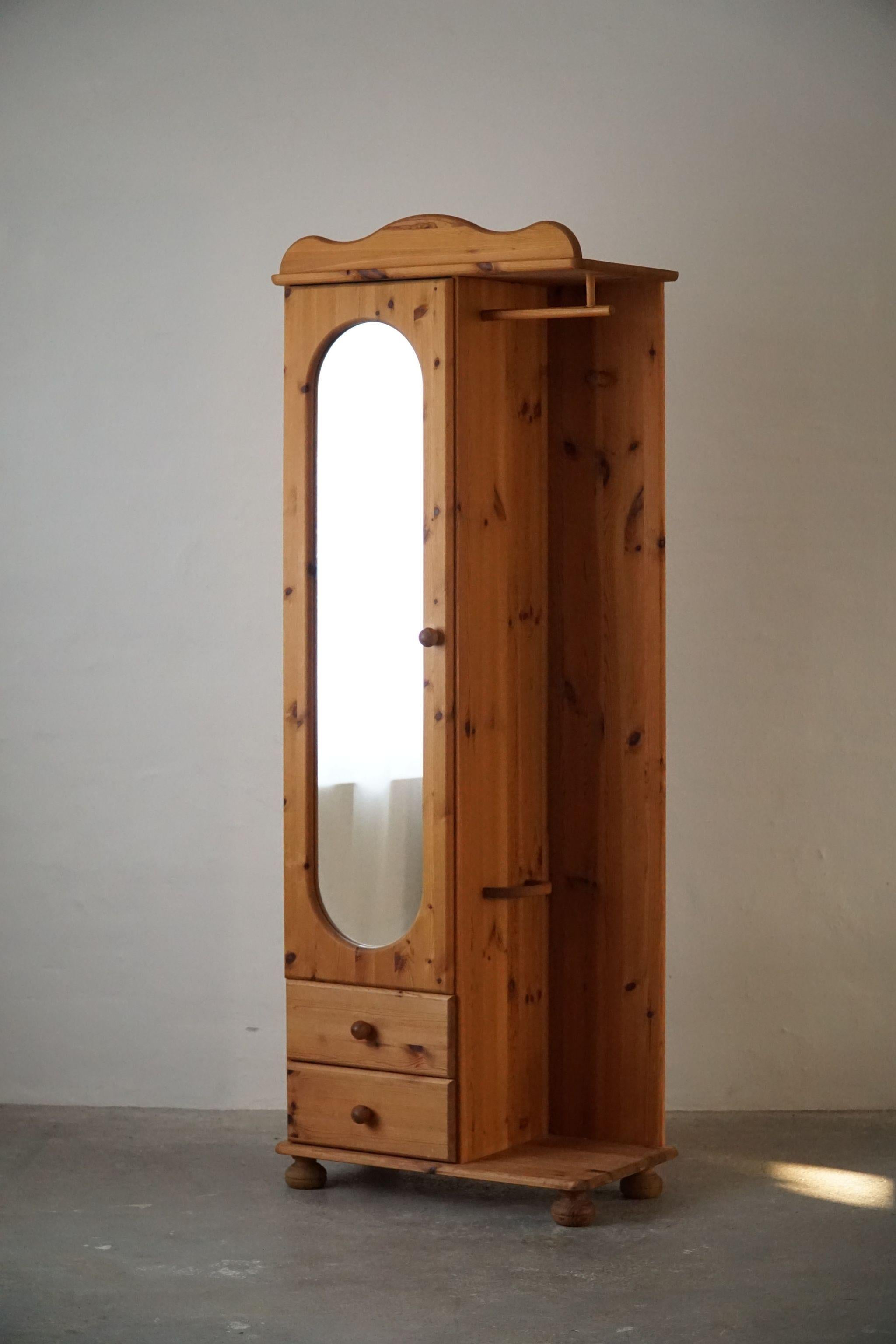 Mirror Danish Modern Brutalist Bedroom Cabinet / Wardrobe in Solid Pine, 1980s