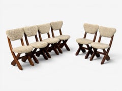 Danish Modern, Brutalist Dining Chairs, Pine, Shearling, Denmark, 1960s
