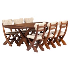 Danish Modern, Brutalist Dining Room Set, Pine, Shearling, Denmark, 1960s
