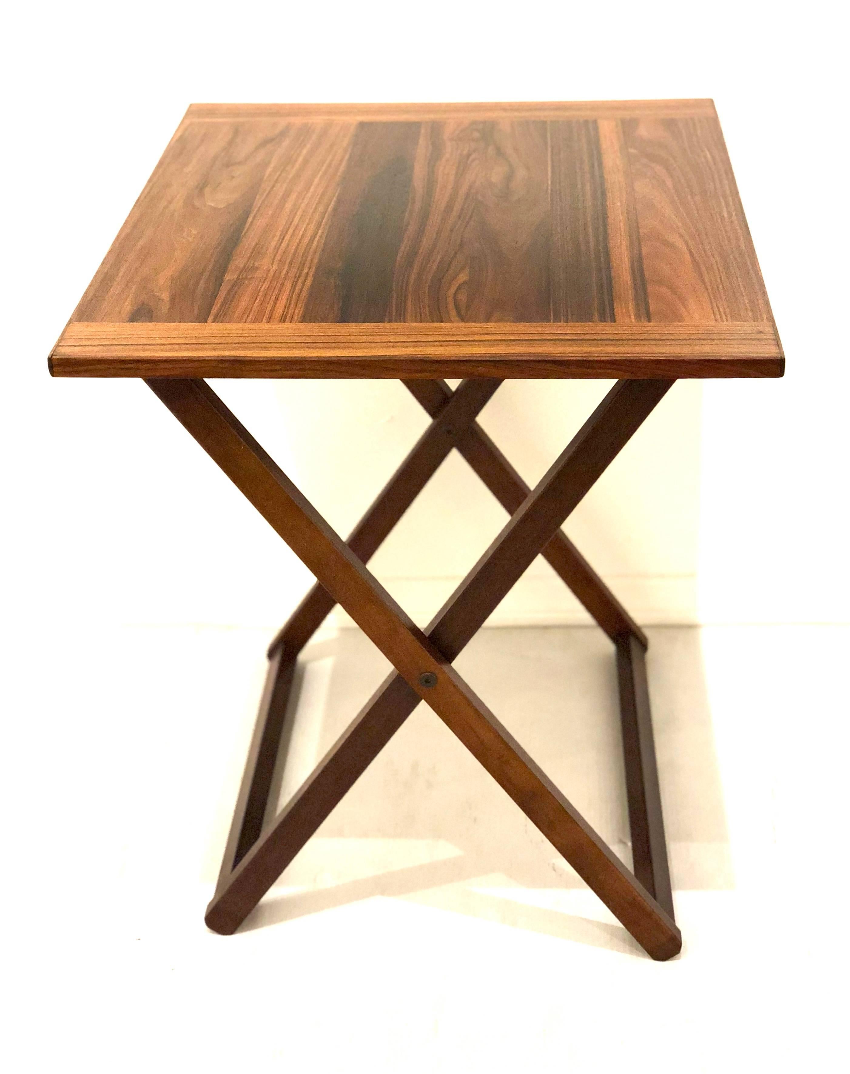 Danish Modern Campaign Style Rosewood Folding Cocktail Table In Excellent Condition In San Diego, CA
