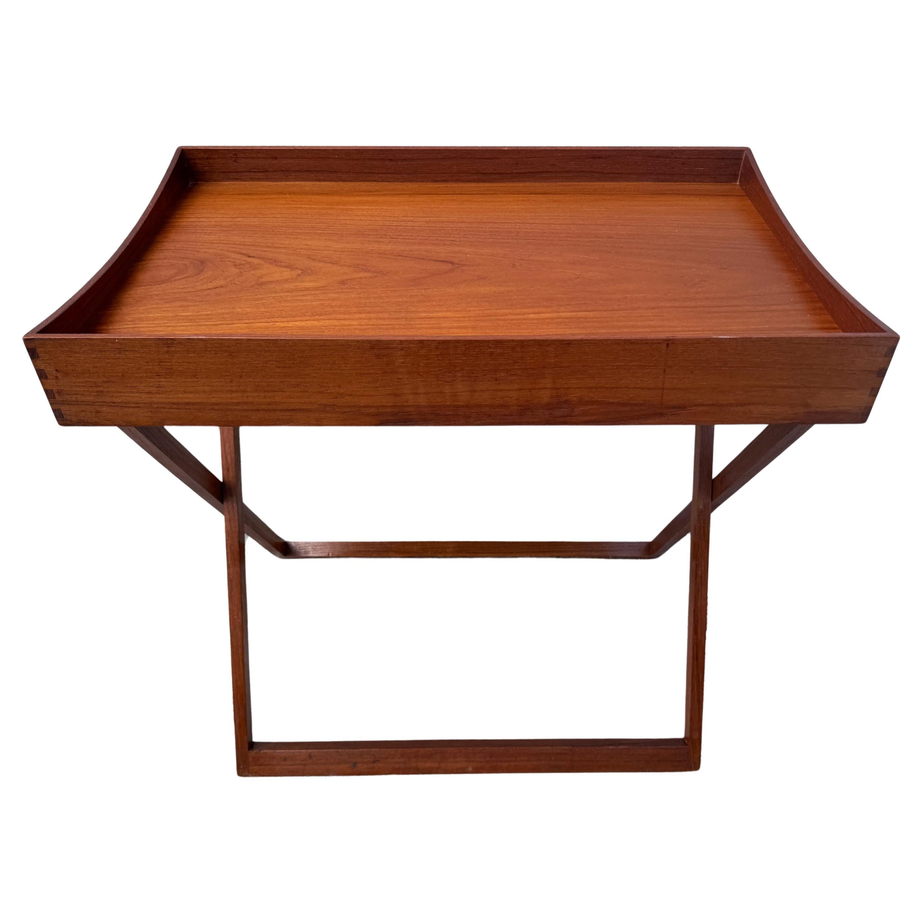 Fabric Danish Modern Campaign Style Teak & Black Lacquer Reversible Tray Table For Sale