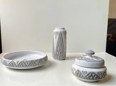 Danish Modern Ceramic Bowl, Trinket and Vase in White & Grey Glaze, 1970s