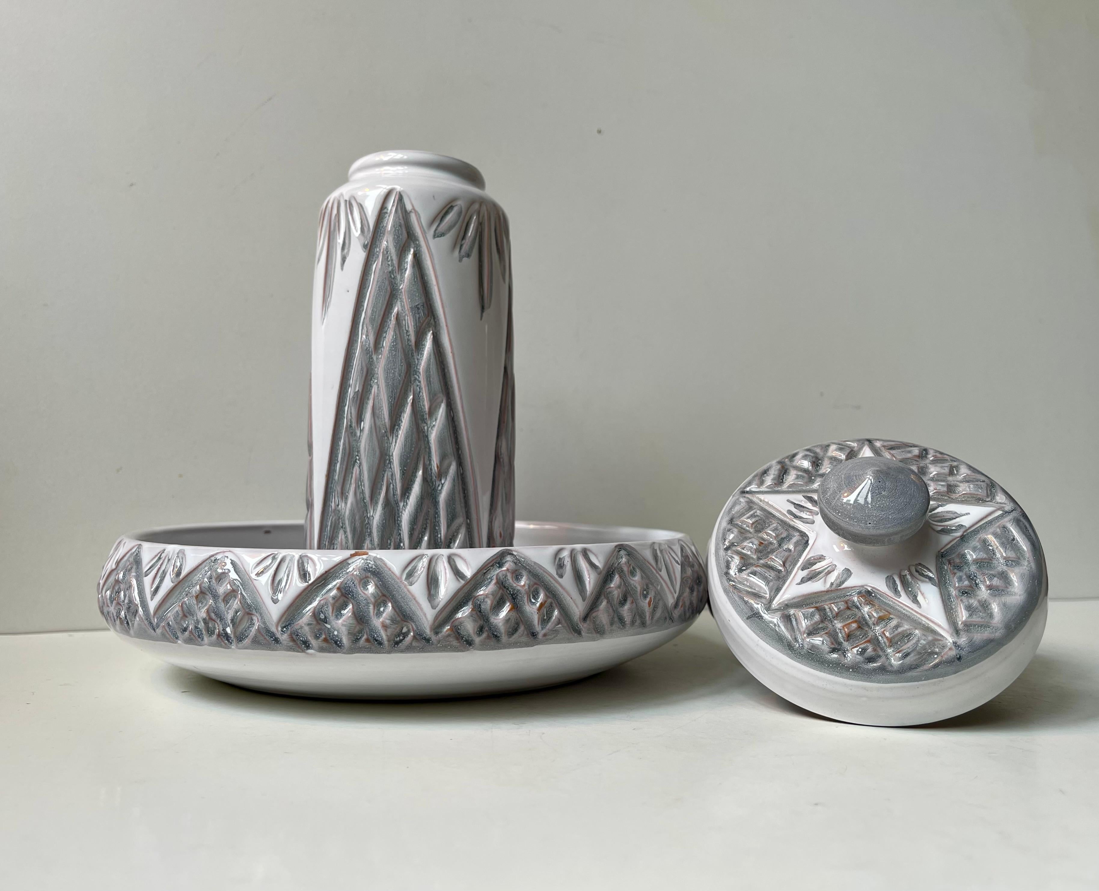 Danese Danish Modern Ceramic Bowl, Trinket and Vase in White & Grey Glaze, 1970s in vendita