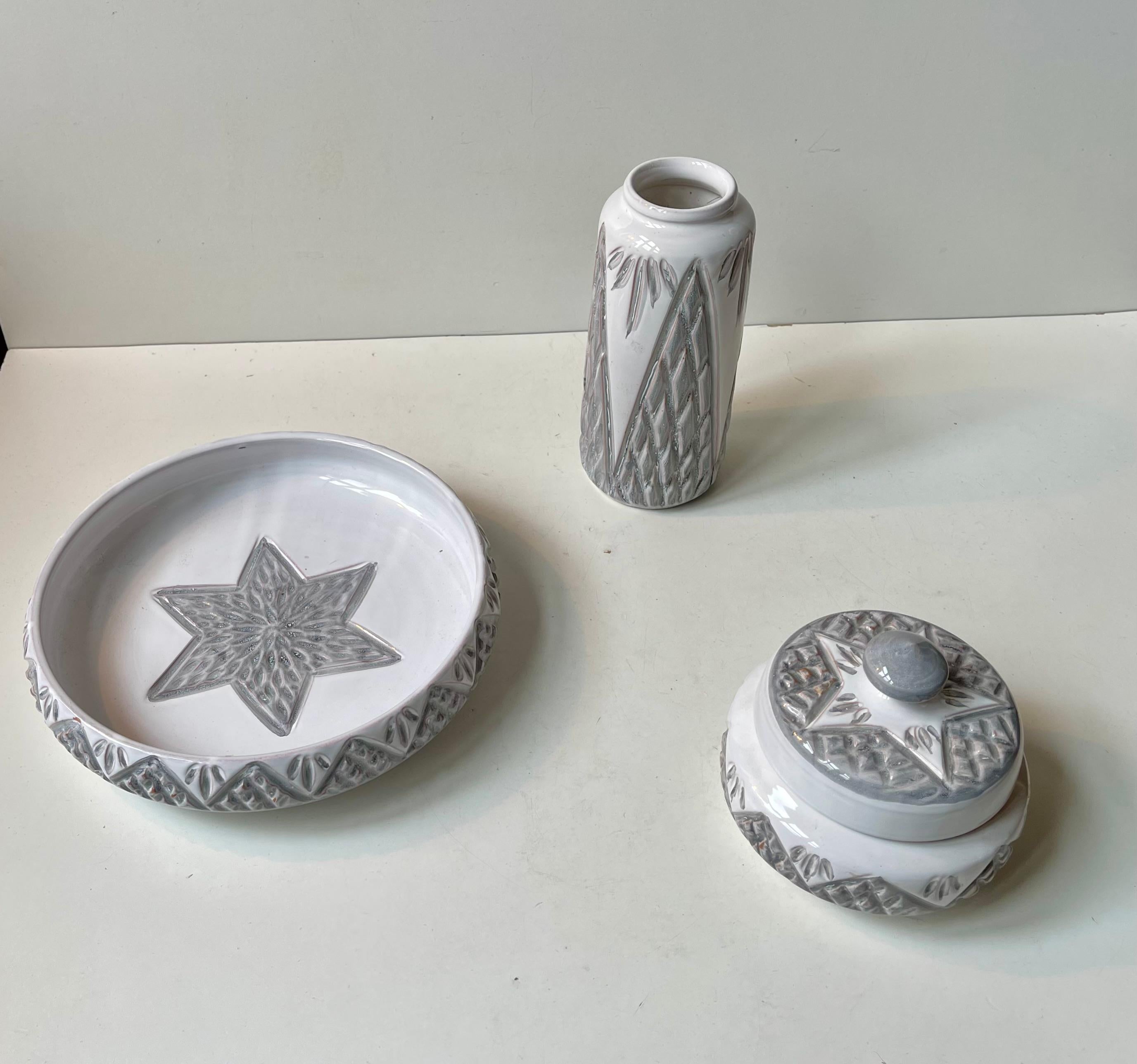 Danish Modern Ceramic Bowl, Trinket and Vase in White & Grey Glaze, 1970s In condizioni buone in vendita a Esbjerg, DK