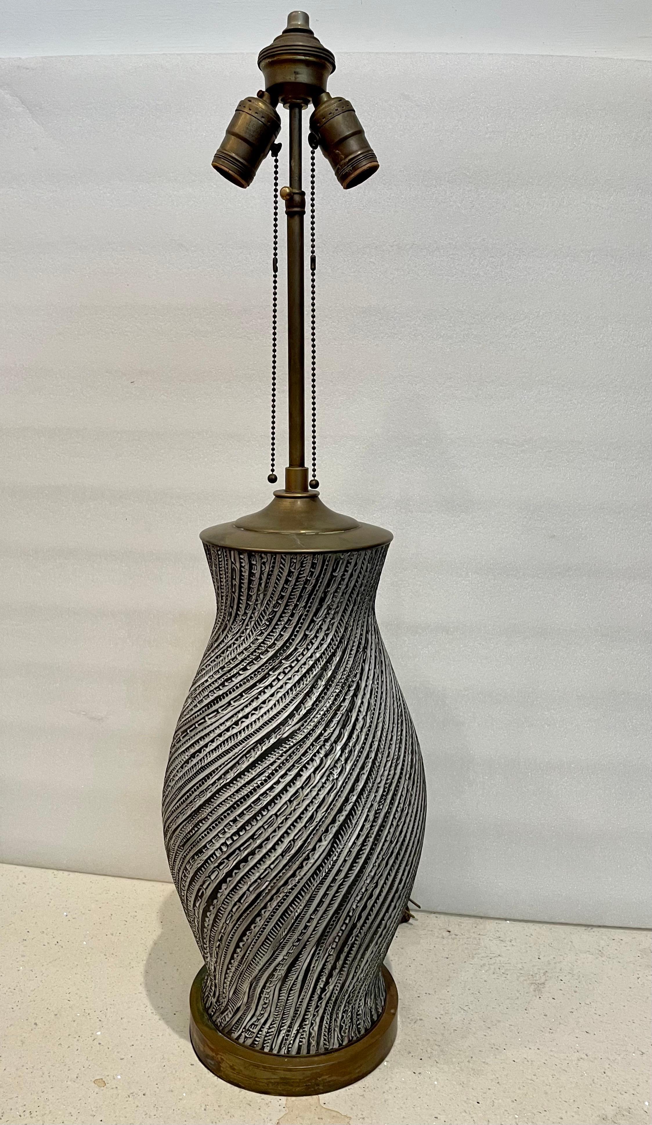 Majestic ceramic table lamp by Meister of Switzerland, in pottery with patinated brass fittings double socket and telescopic finial, freshly rewired with a twisted cloth cord. lamp shade not included.