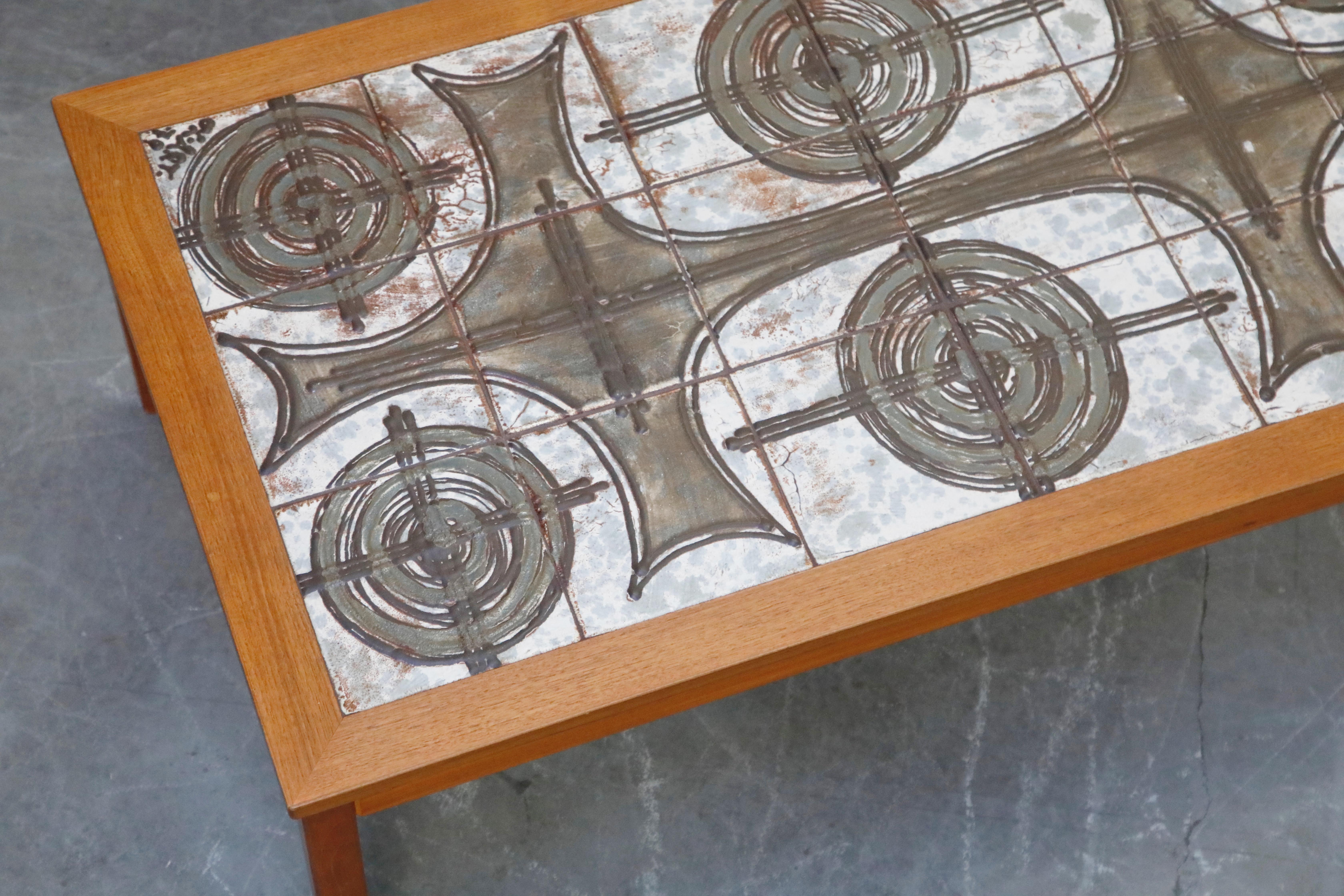 Danish Modern Ceramic Tile Teak Coffee Table by Ox Art, 1979, Signed 3