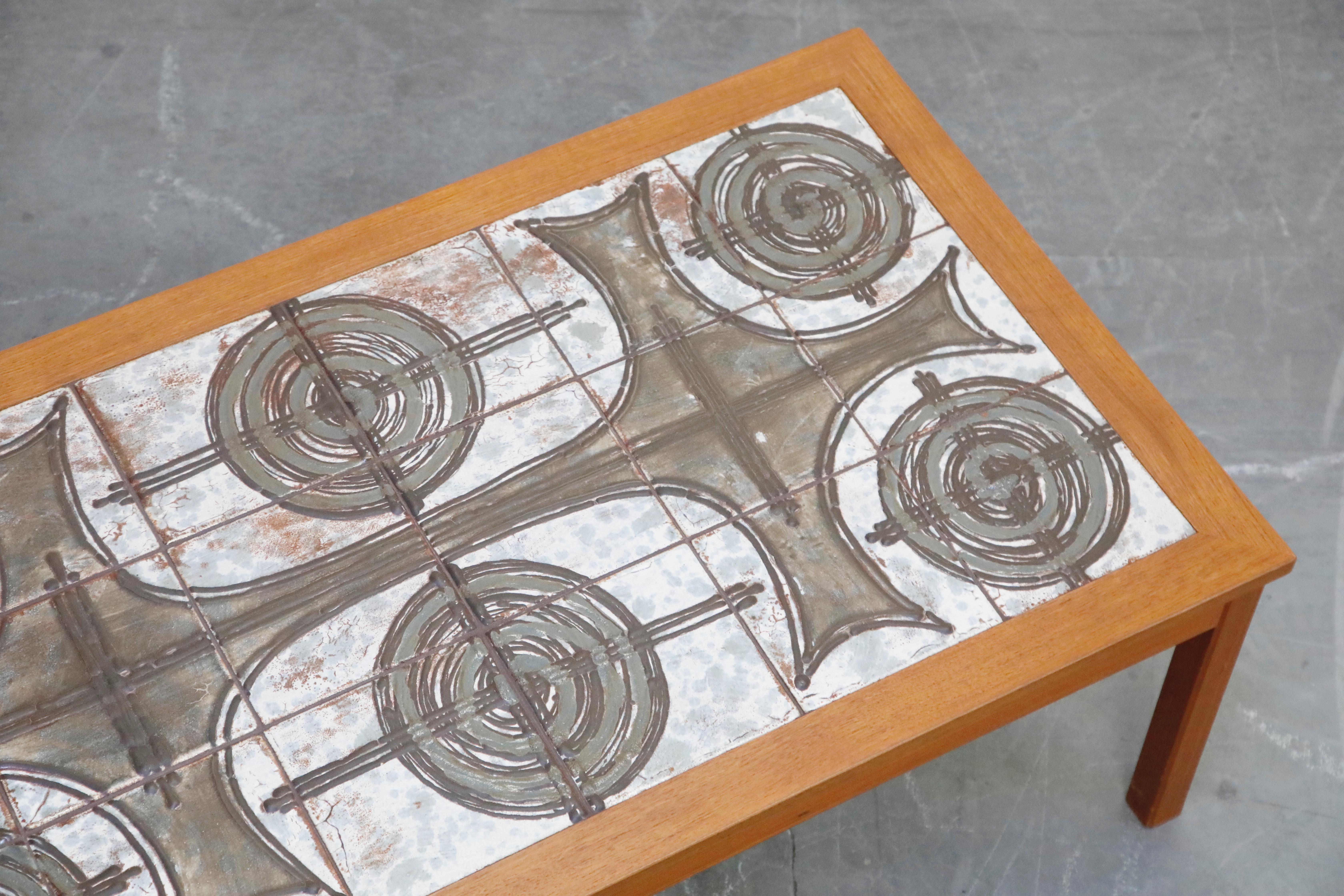 Danish Modern Ceramic Tile Teak Coffee Table by Ox Art, 1979, Signed 5