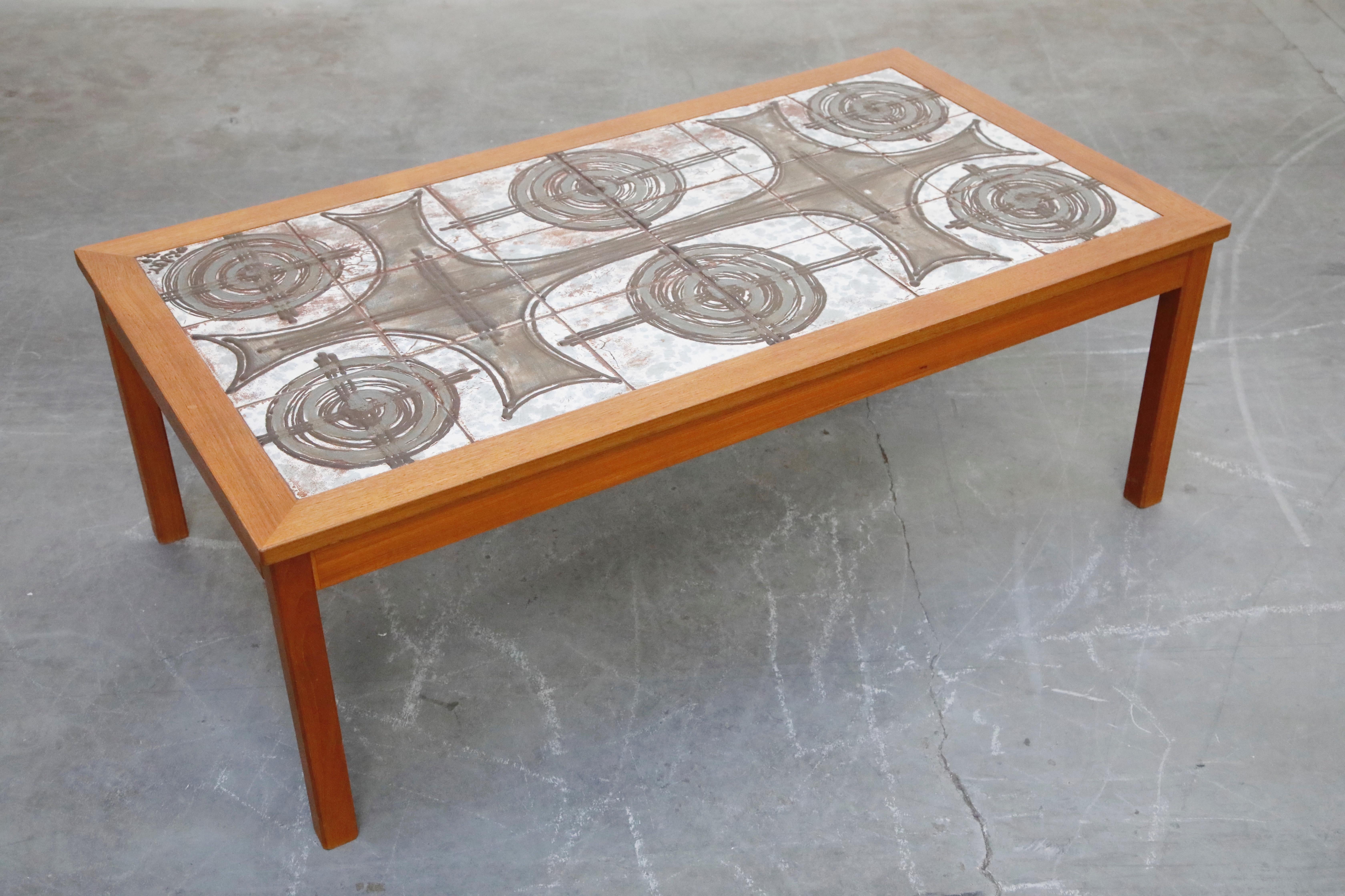 Danish Modern Ceramic Tile Teak Coffee Table by Ox Art, 1979, Signed In Good Condition In Los Angeles, CA