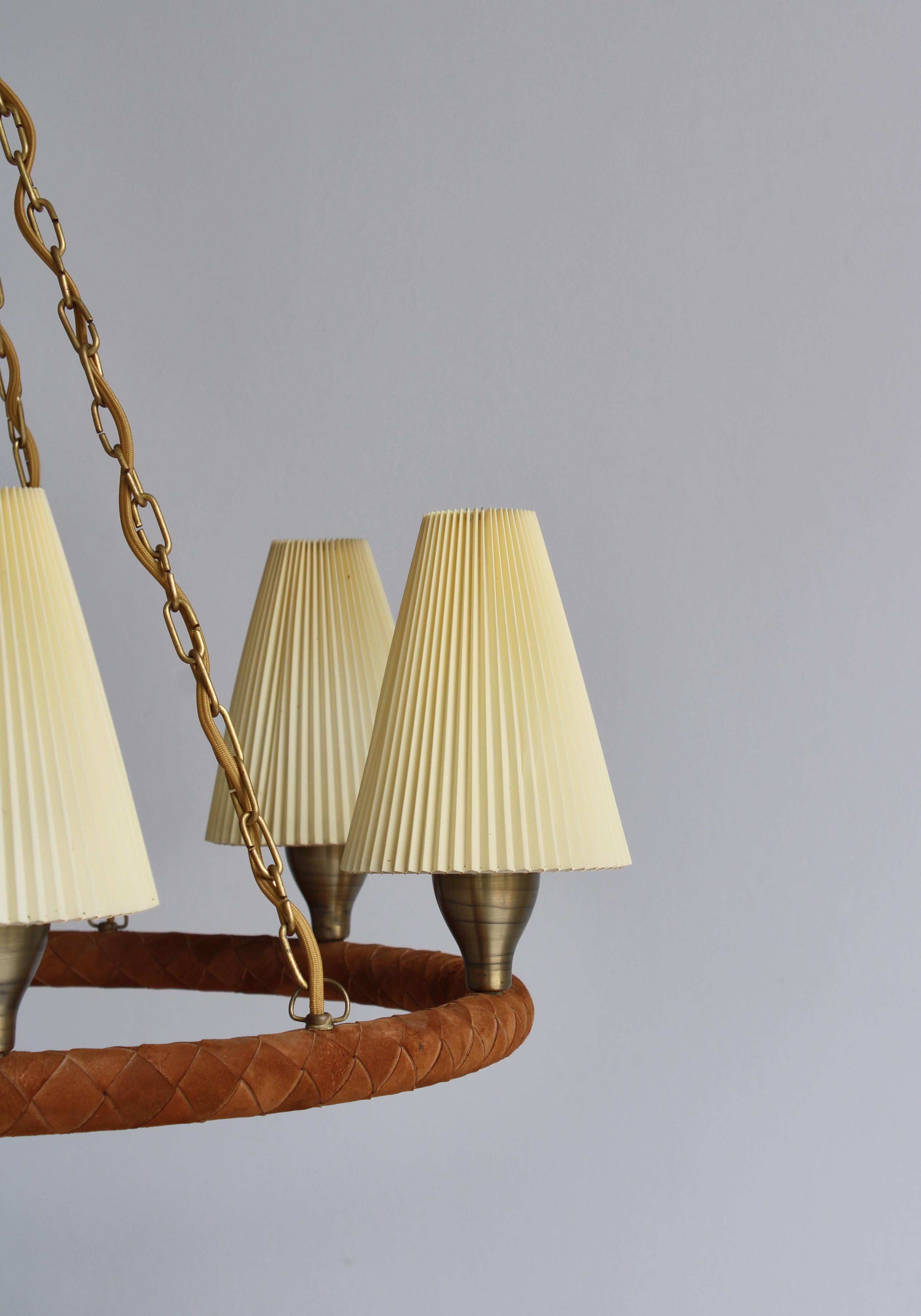 Danish Modern Chandelier in Leather, Brass and Glass by LYFA, Denmark, 1940s For Sale 4