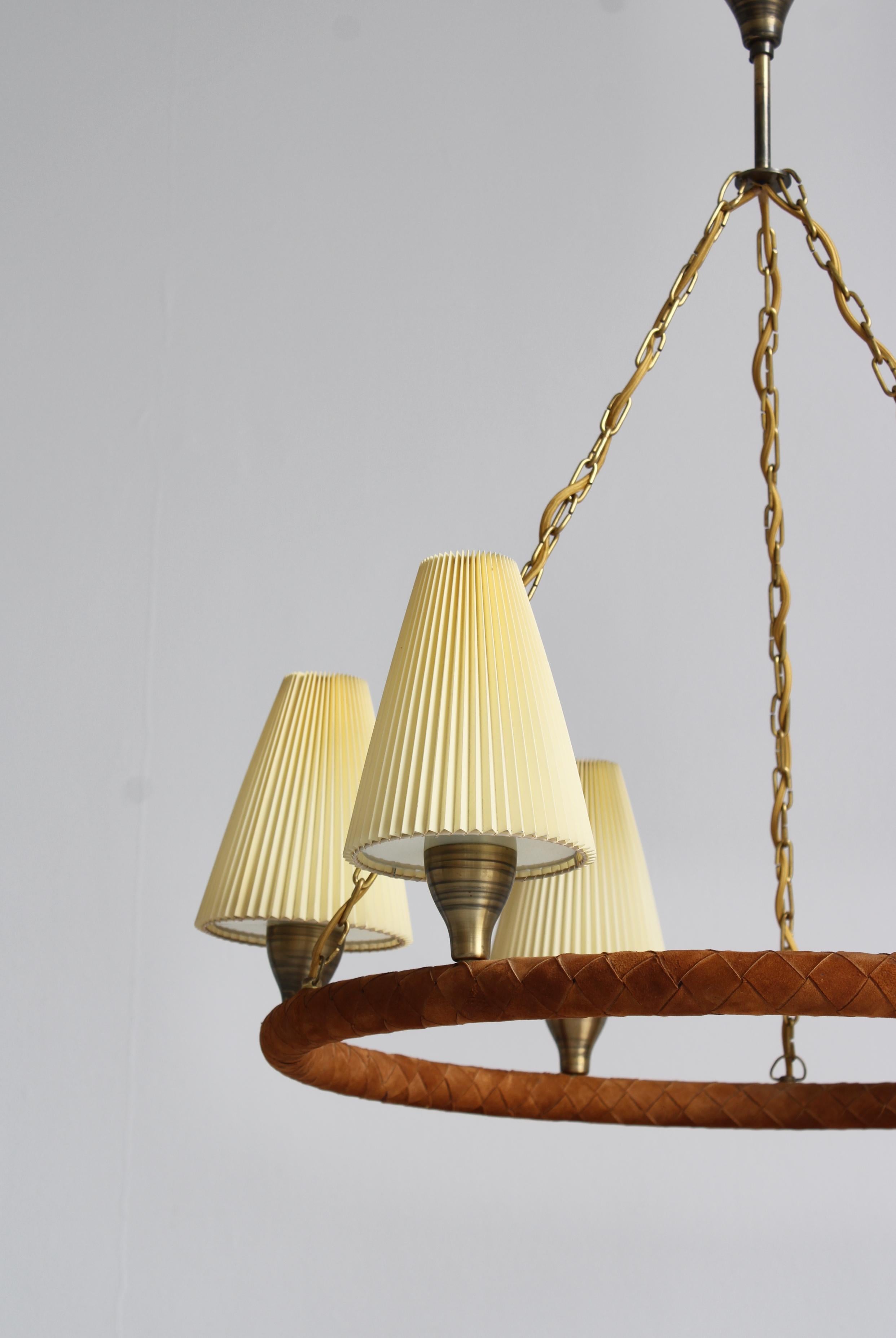Danish Modern Chandelier in Leather, Brass and Glass by LYFA, Denmark, 1940s For Sale 5