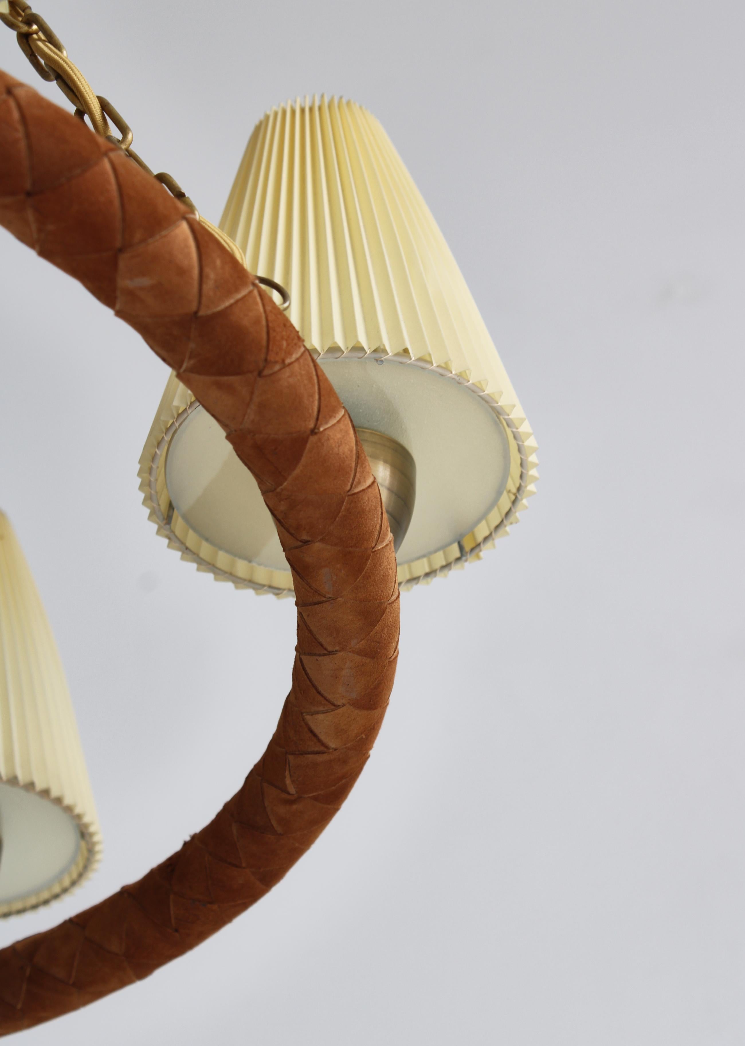 Danish Modern Chandelier in Leather, Brass and Glass by LYFA, Denmark, 1940s For Sale 7